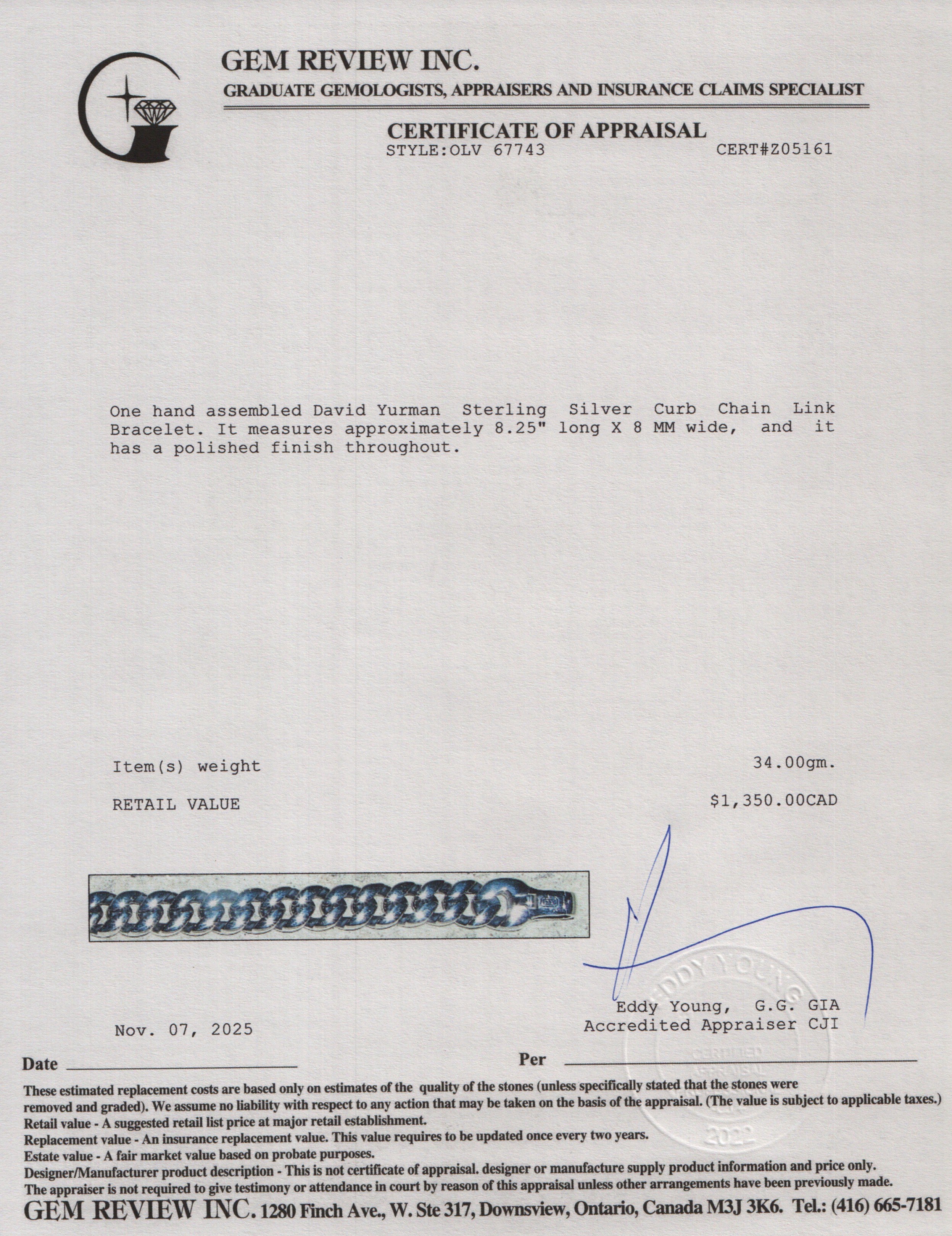 David Yurman Sterling Silver 8 MM Curb Chain Link Bracelet