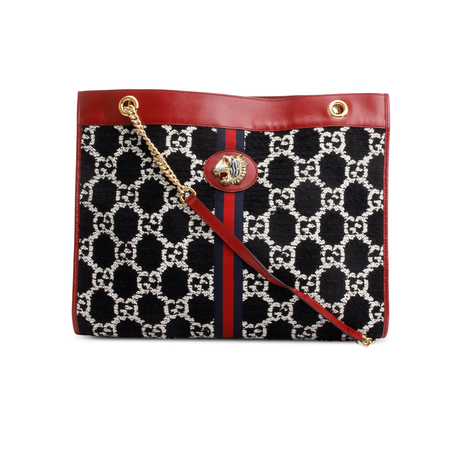 Gucci Black Tweed GG Monogram Large Rajah Chain Tote w/ Pouch