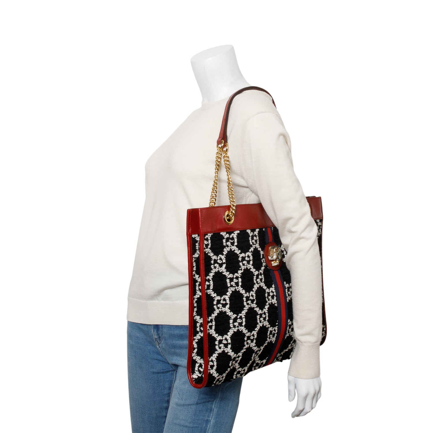 Gucci Black Tweed GG Monogram Large Rajah Chain Tote w/ Pouch