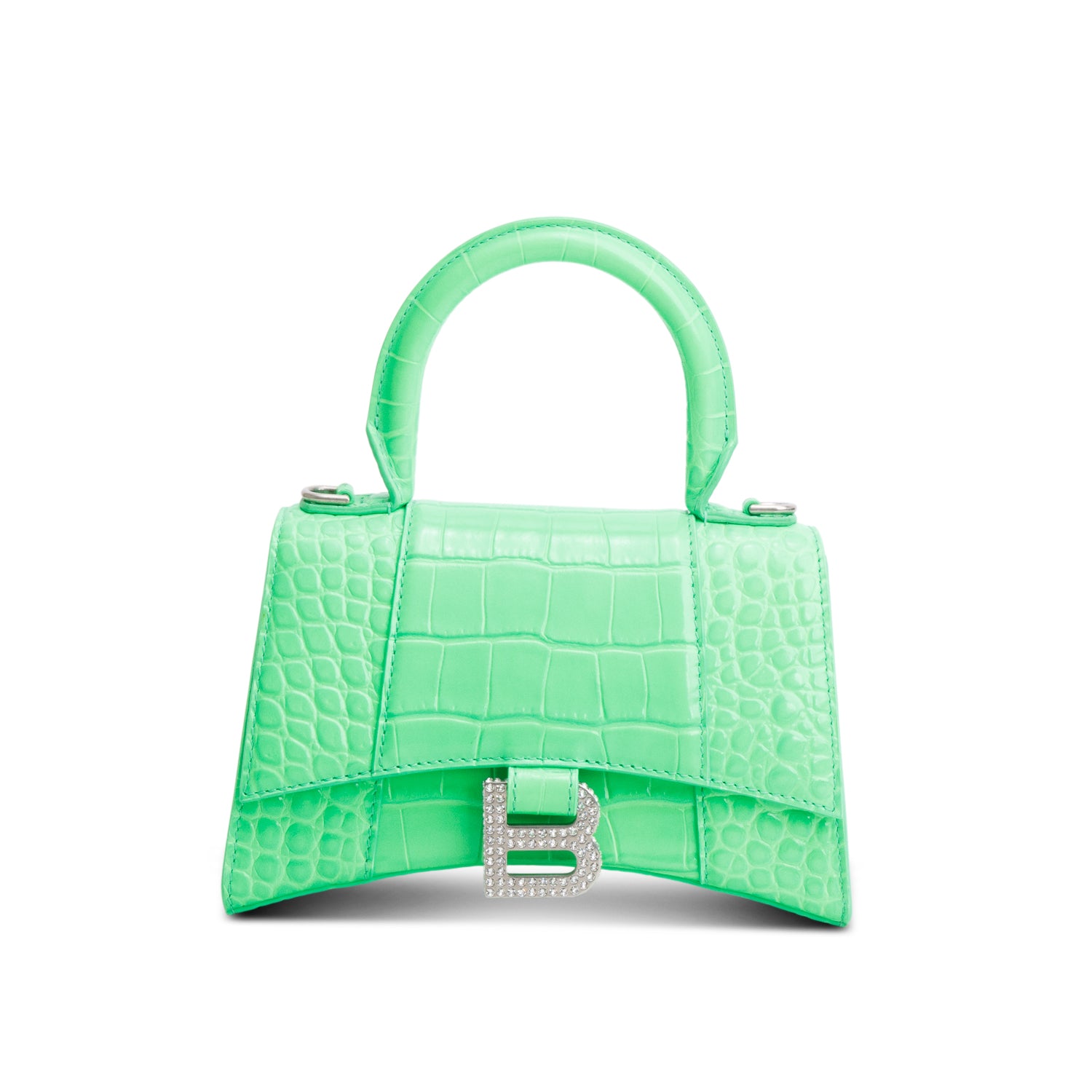 Balenciaga Green Croc-Embossed Leather XS Hourglass Crystal Top Handle Bag w/ Strap