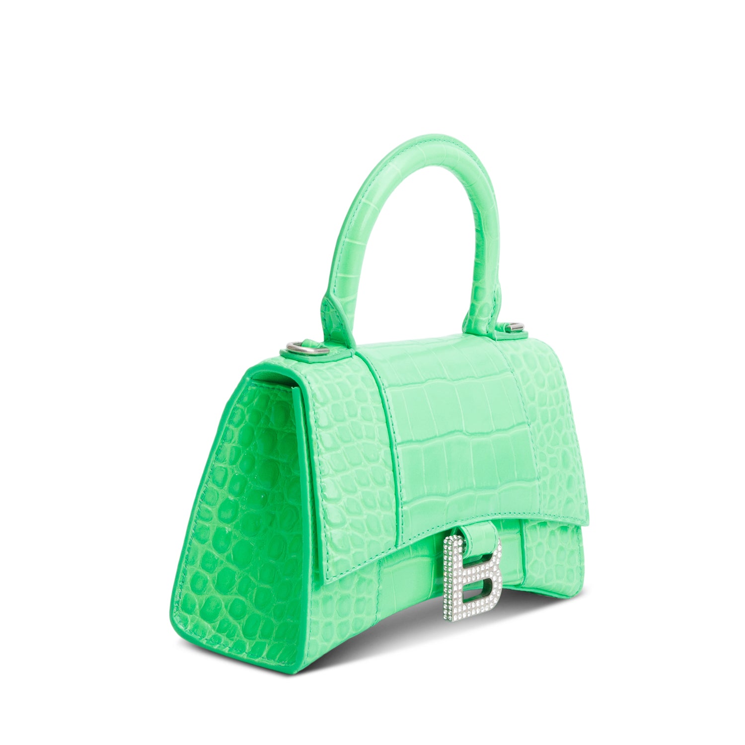 Balenciaga Green Croc-Embossed Leather XS Hourglass Crystal Top Handle Bag w/ Strap