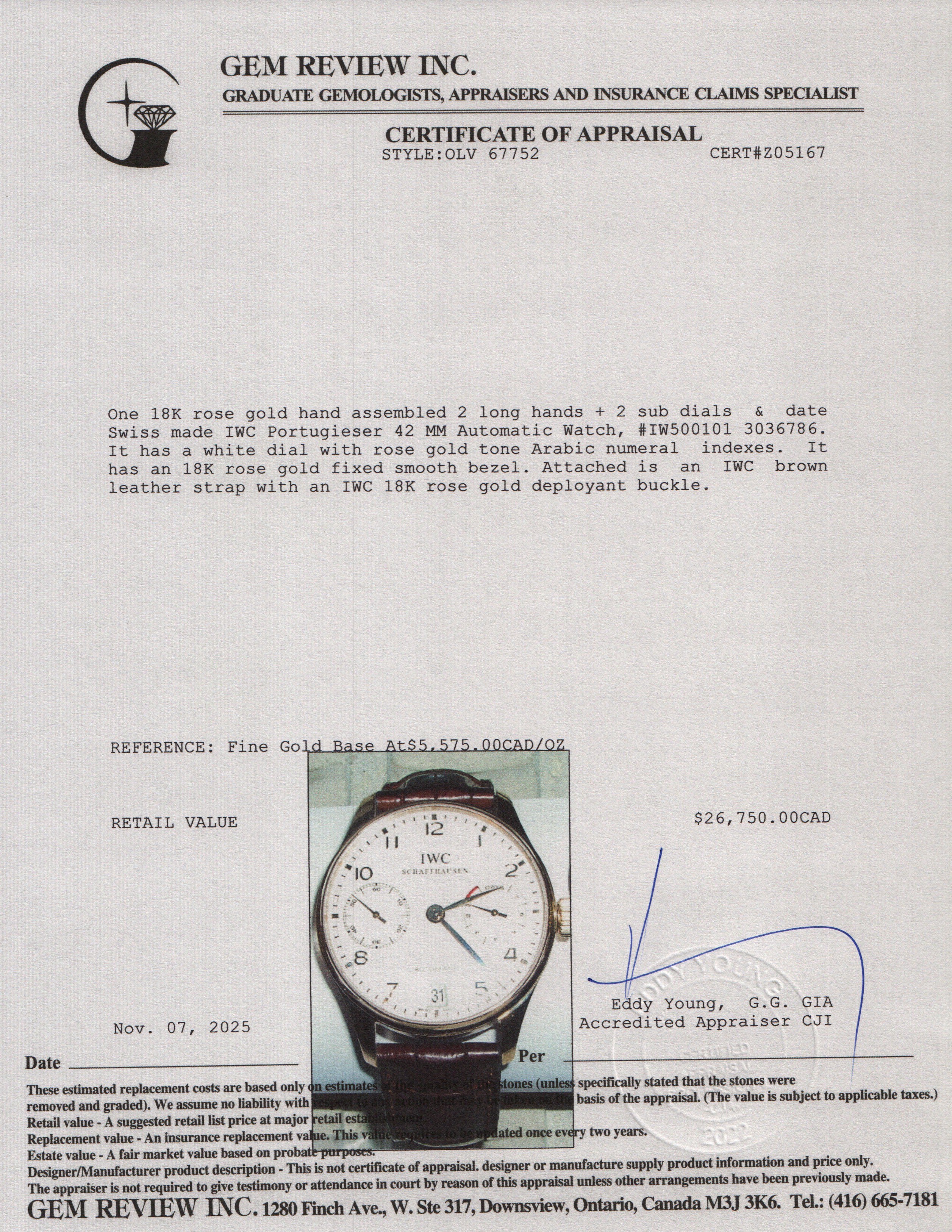 IWC 18k Rose Gold Portugieser 42 MM Automatic Watch White Dial IW500101 w/ Box & Papers