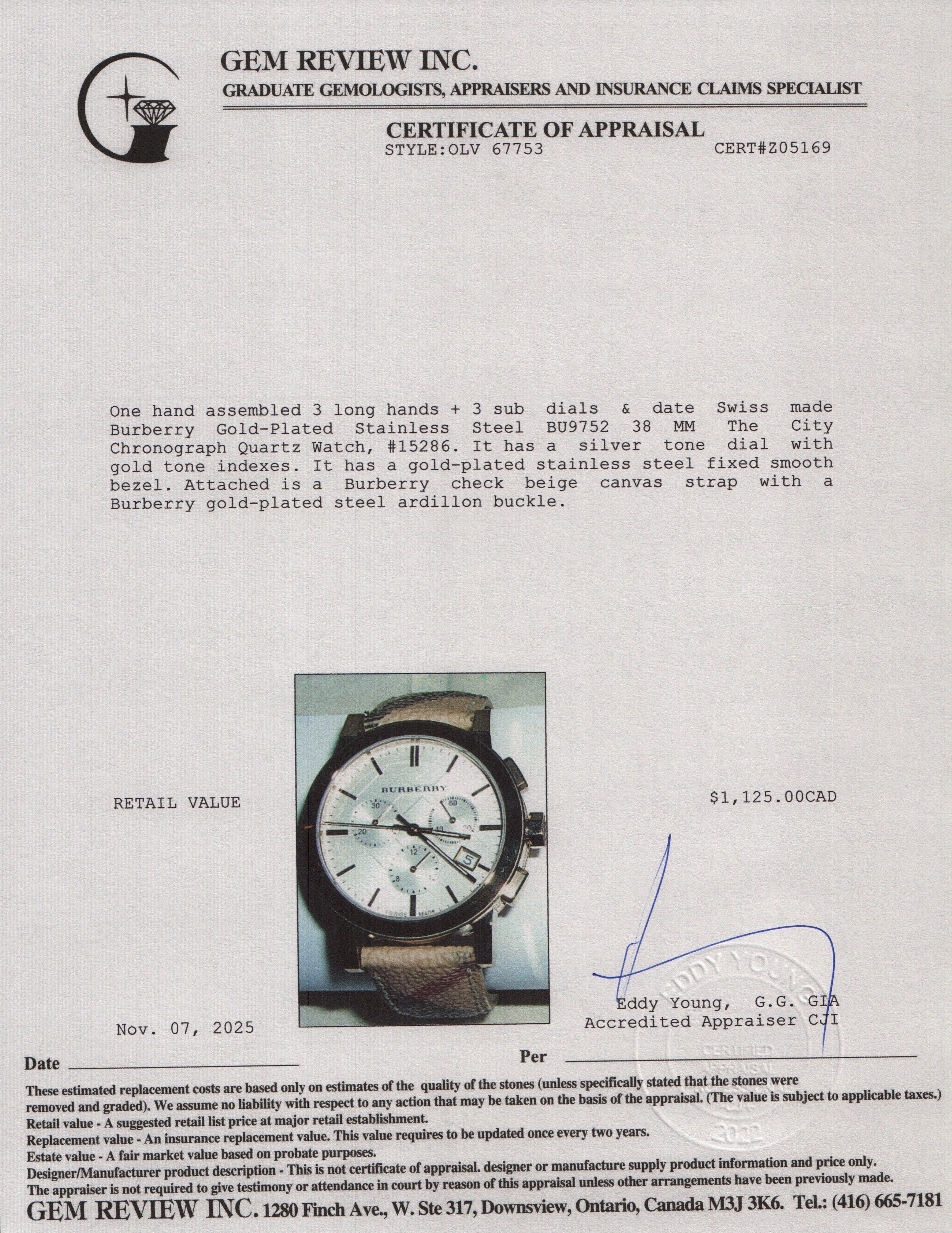 Burberry Gold-Plated Stainless Steel BU9752 38 MM The City Chronograph Quartz Watch w/ Box