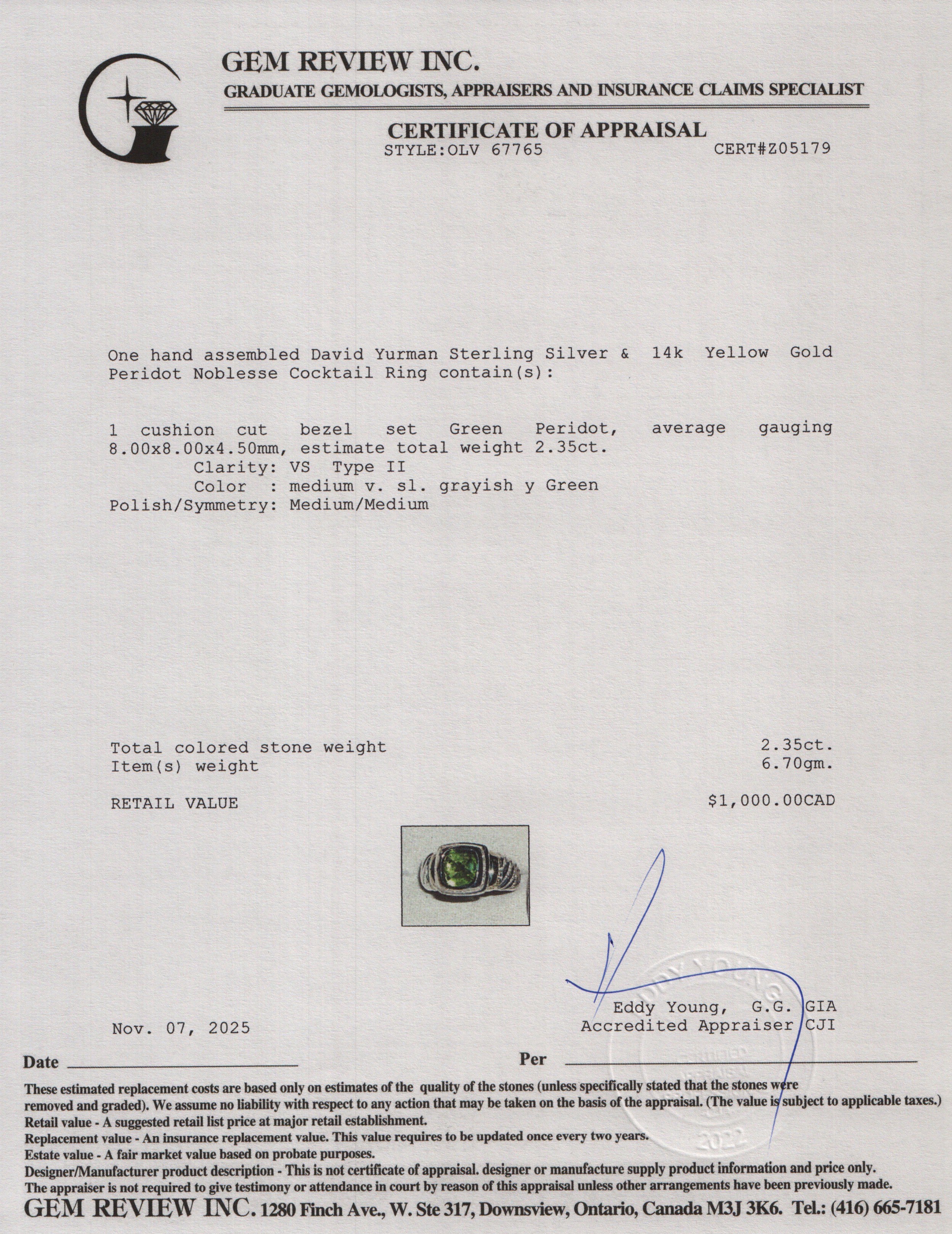 David Yurman Sterling Silver & 14k Yellow Gold Peridot Noblesse Cocktail Ring, Size 6