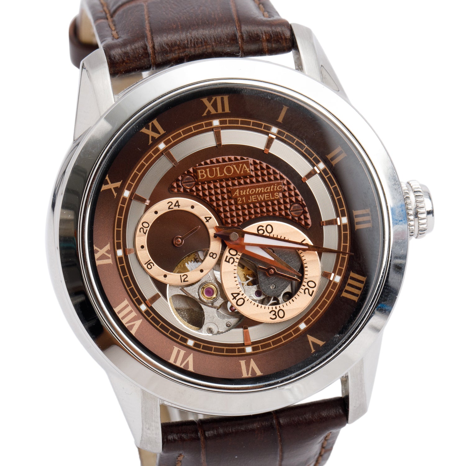 Bulova Stainless Steel Sutton Classic 42 MM Automatic Watch Brown Dial 96A120 w/ Box