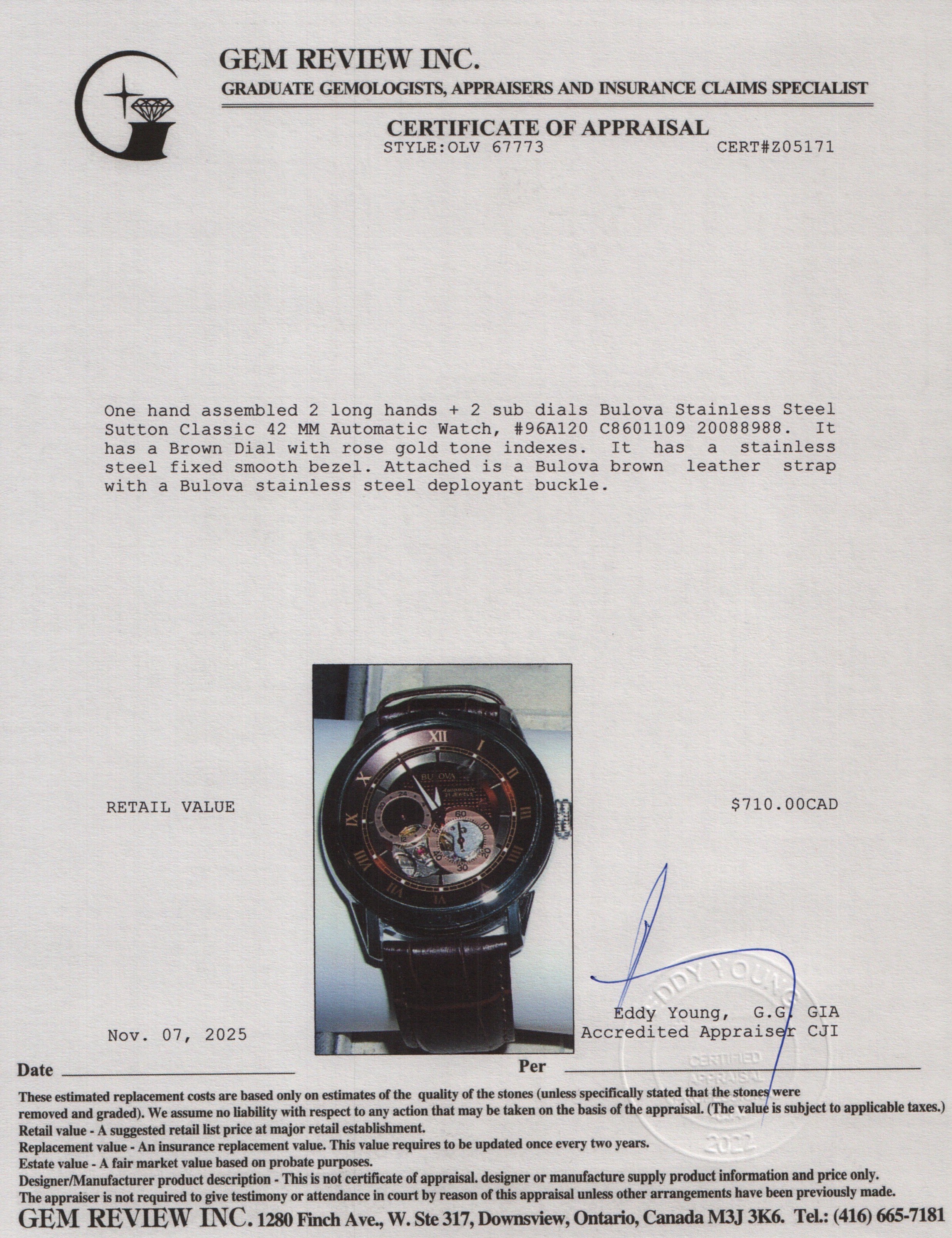 Bulova Stainless Steel Sutton Classic 42 MM Automatic Watch Brown Dial 96A120 w/ Box