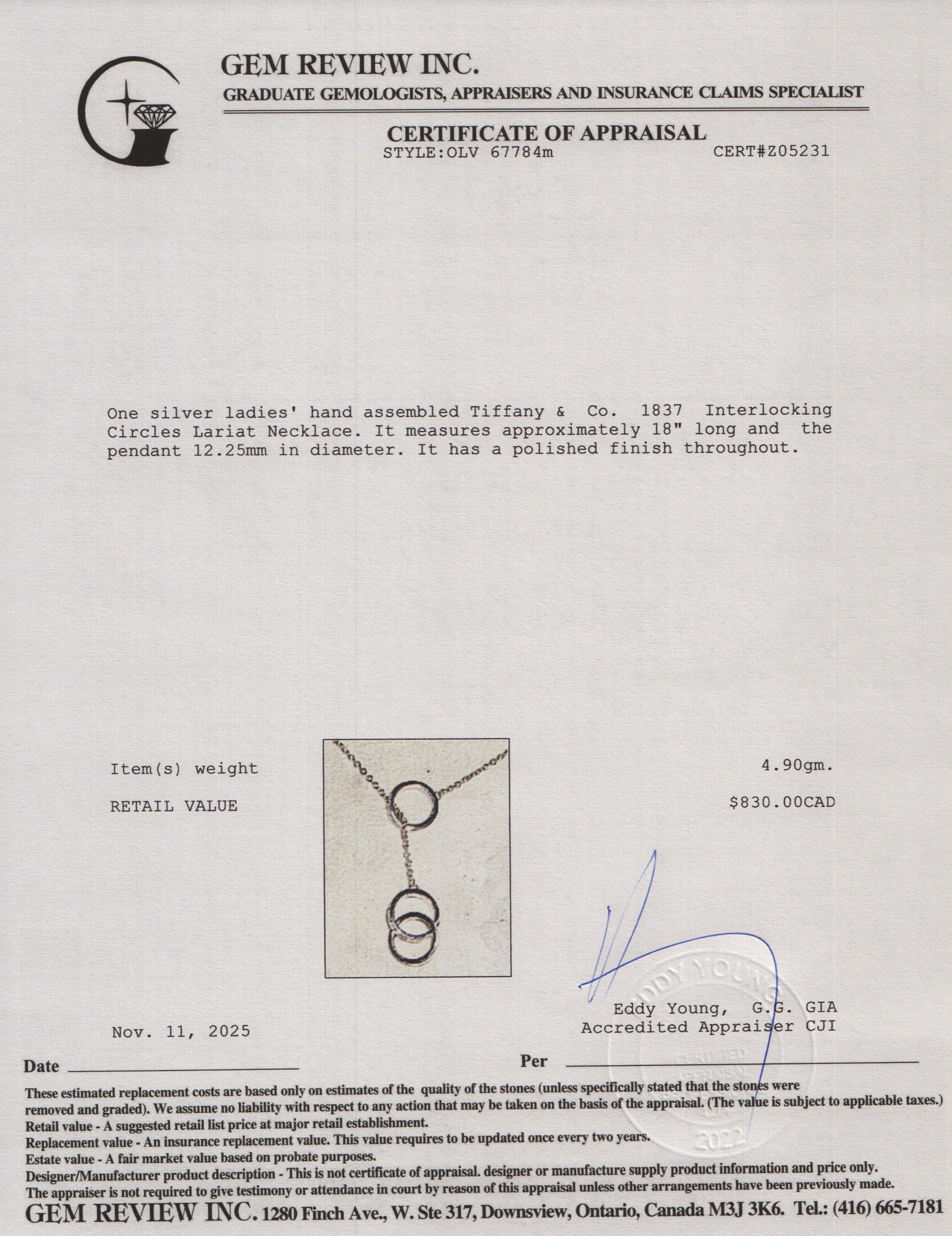 Tiffany & Co. Sterling Silver 1837 Interlocking Circles Lariat Necklace