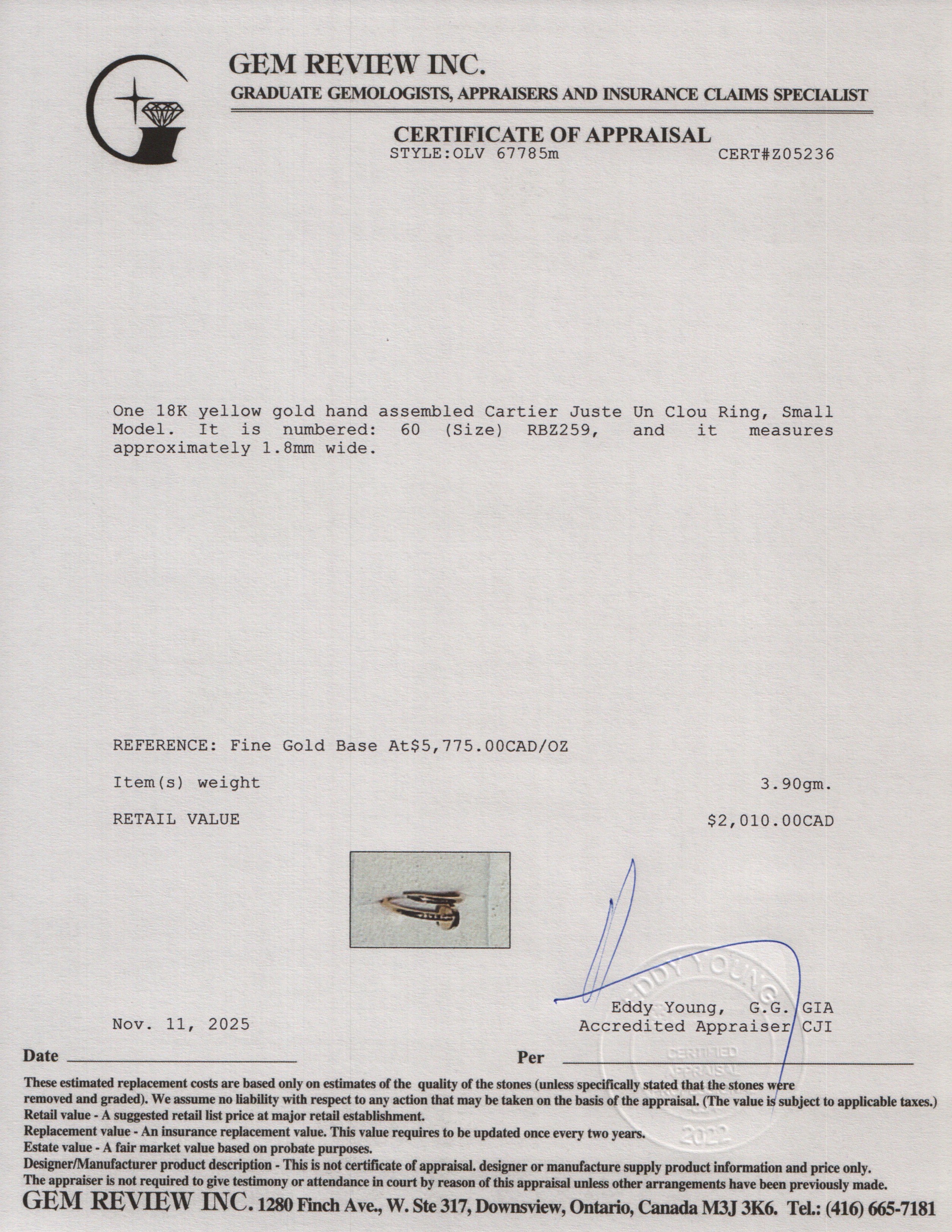 Cartier 2022 18k Yellow Gold Juste Un Clou Ring, Small Model, Size 60 9 w/ Box & Certificate