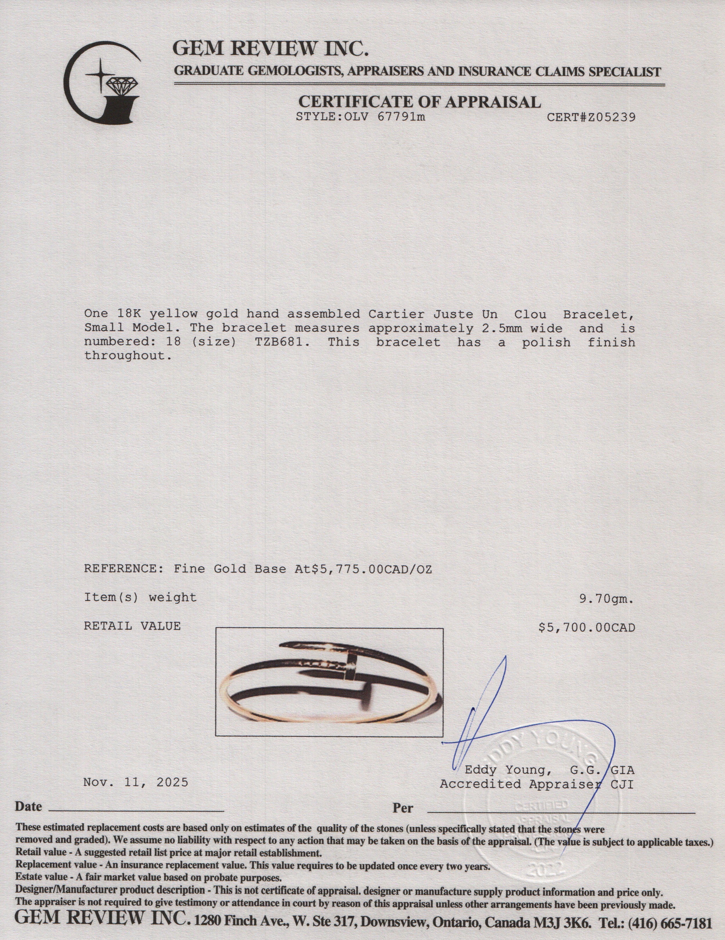 Cartier 2023 18k Yellow Gold Juste Un Clou Bracelet, Small Model Size 18 w/ Box & Certificate