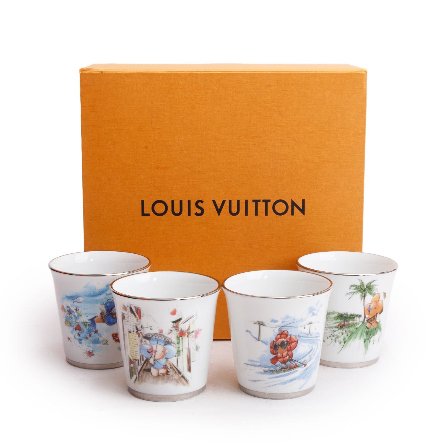 Louis Vuitton White & Multicolor Porcelaine Vivienne 4 Seasons Set of 4 Cups w/ Box