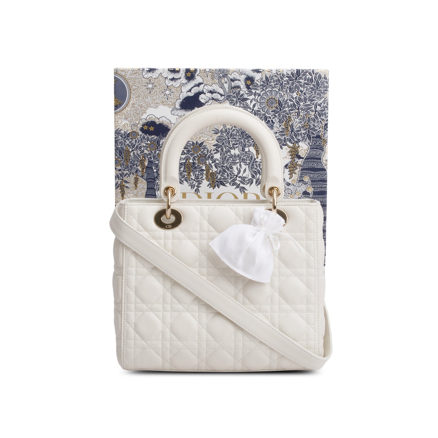 Christian Dior White Cannage Lambskin Leather Medium Lady Dior Bag w/ Strap & Box