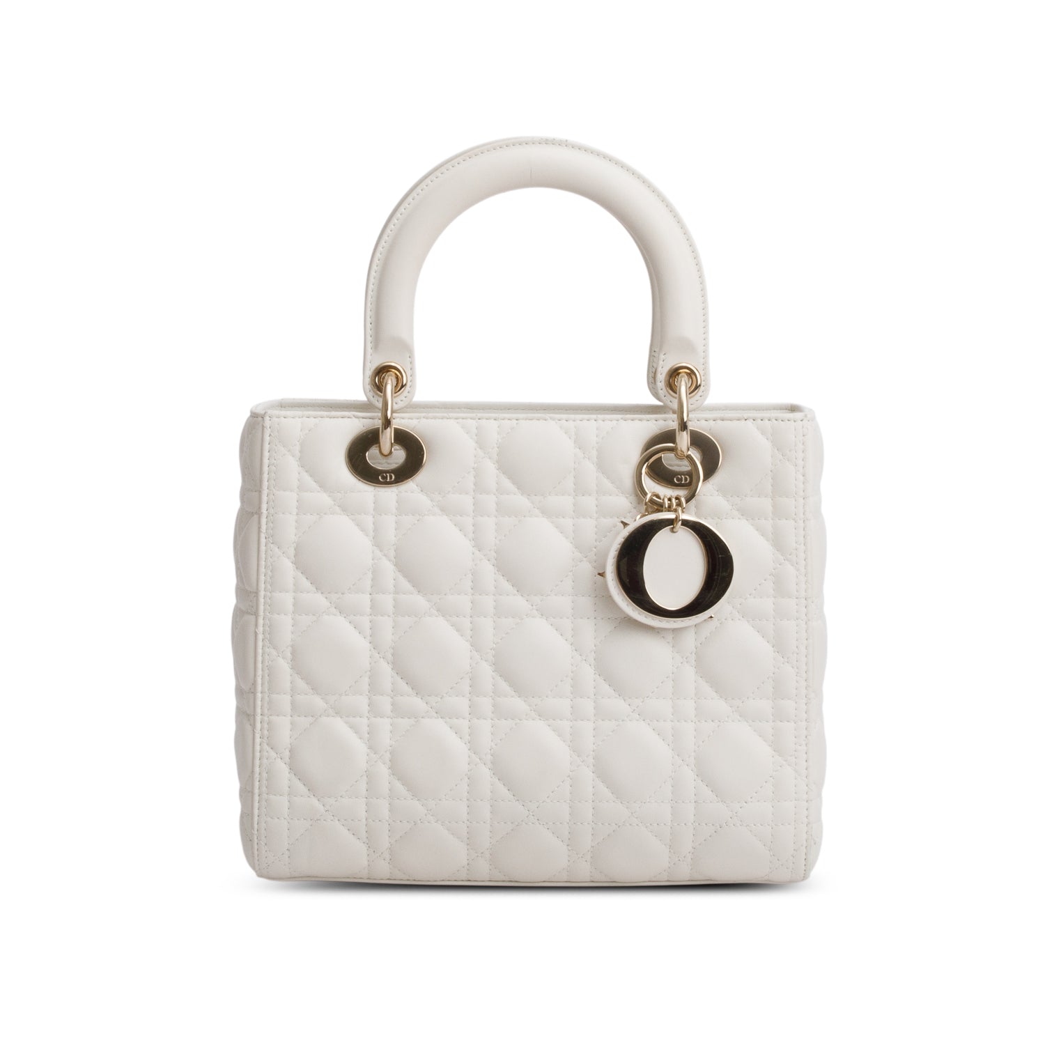 Christian Dior White Cannage Lambskin Leather Medium Lady Dior Bag w/ Strap & Box