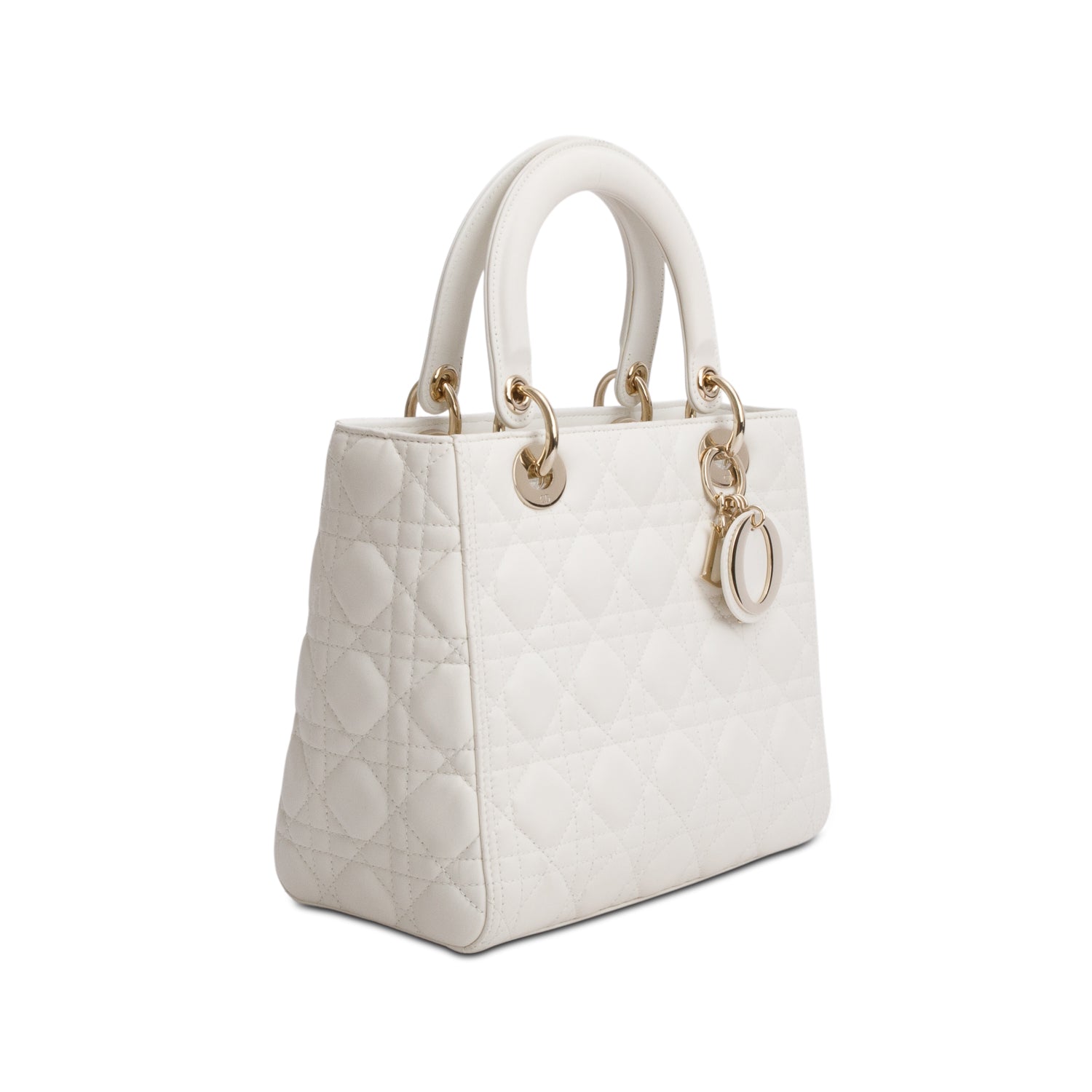 Christian Dior White Cannage Lambskin Leather Medium Lady Dior Bag w/ Strap & Box