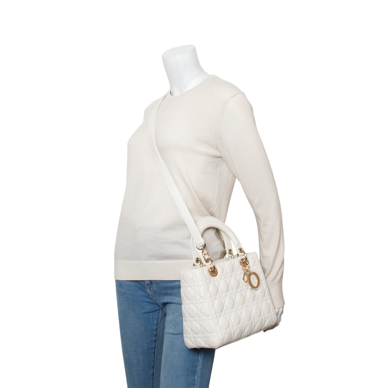 Christian Dior White Cannage Lambskin Leather Medium Lady Dior Bag w/ Strap & Box