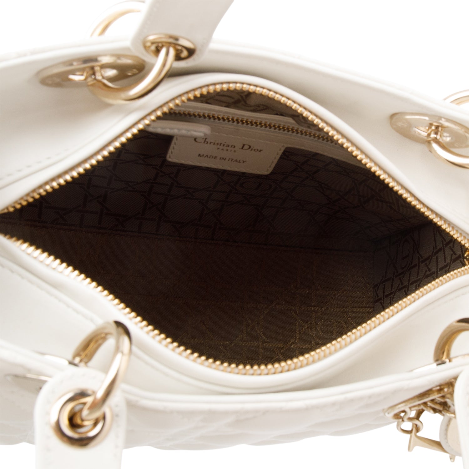 Christian Dior White Cannage Lambskin Leather Medium Lady Dior Bag w/ Strap & Box