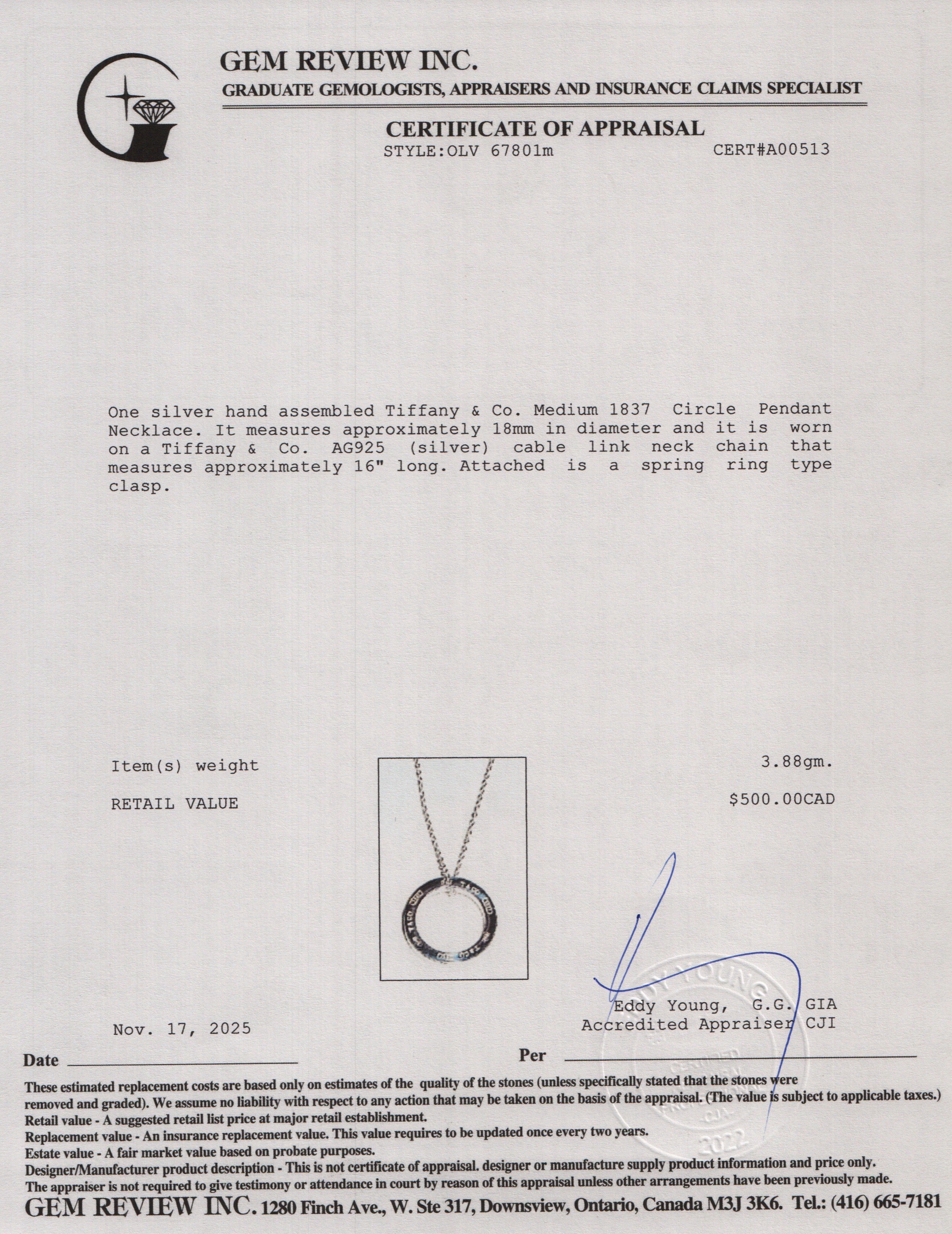 Tiffany & Co. Sterling Silver Medium 1837 Circle Pendant Necklace