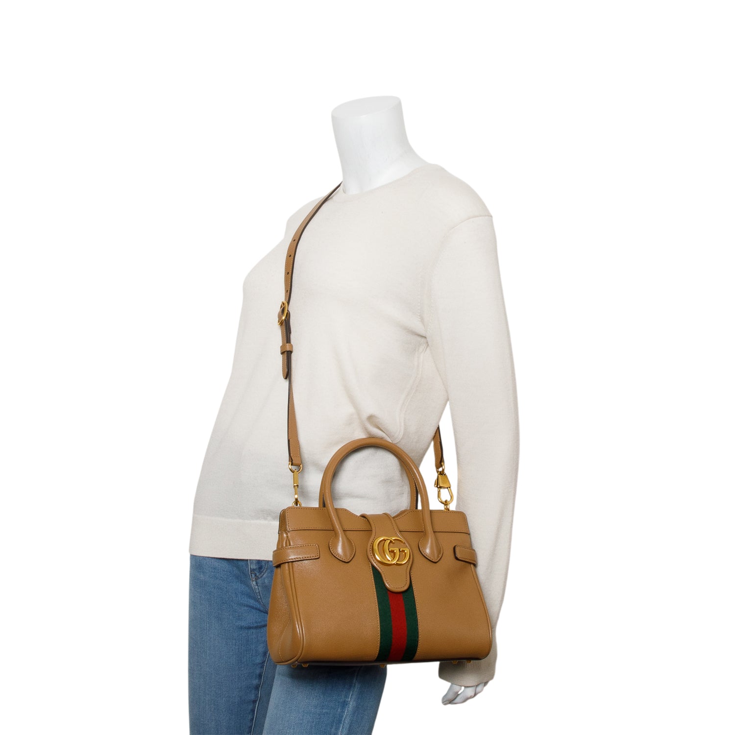 Gucci Brown Calfksin Leather Small Dahlia Handle Bag w/ Strap & Box