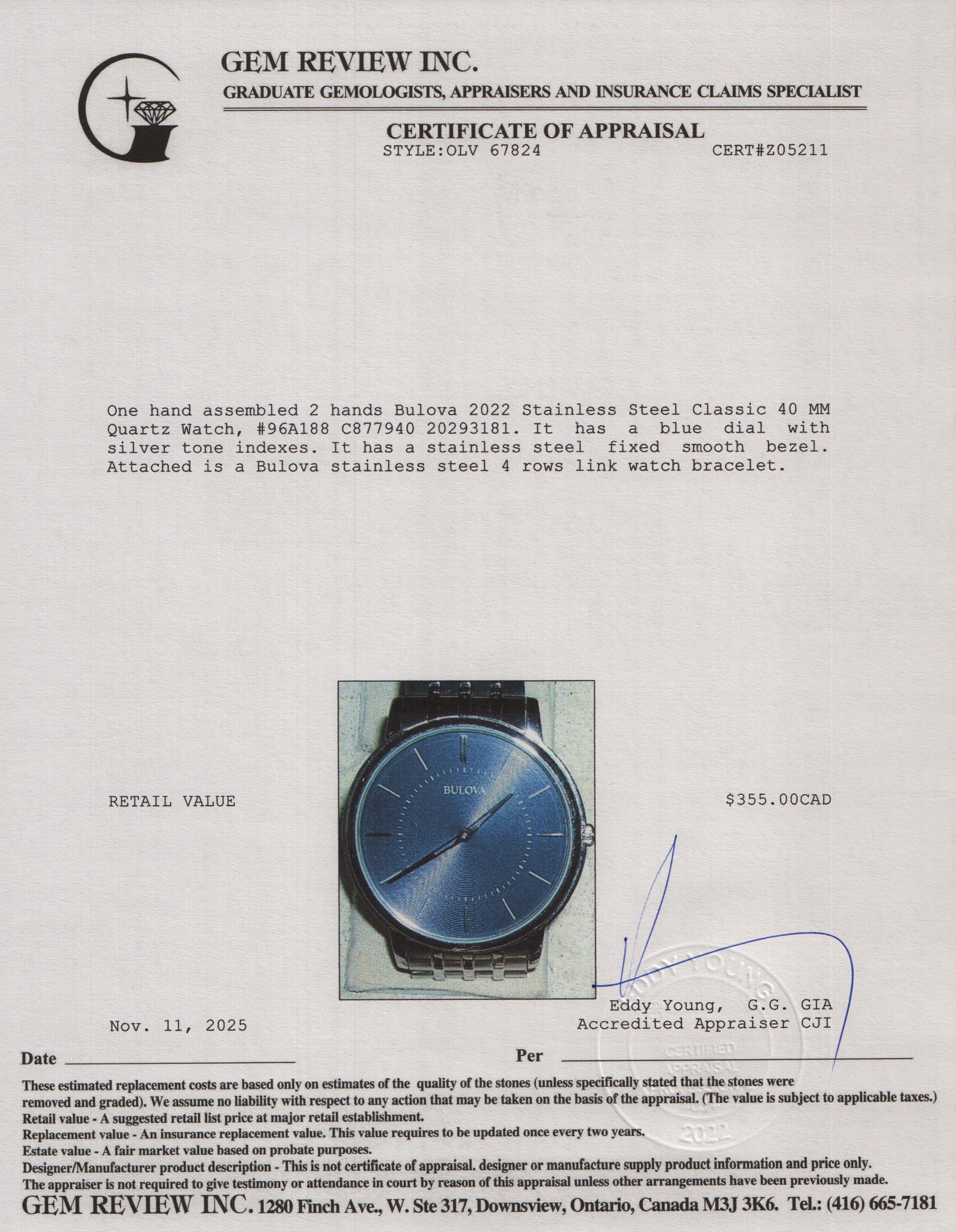 Bulova 2022 Stainless Steel Classic 40 MM Quartz Watch Blue Dial 96A188 w/ Box & Papers