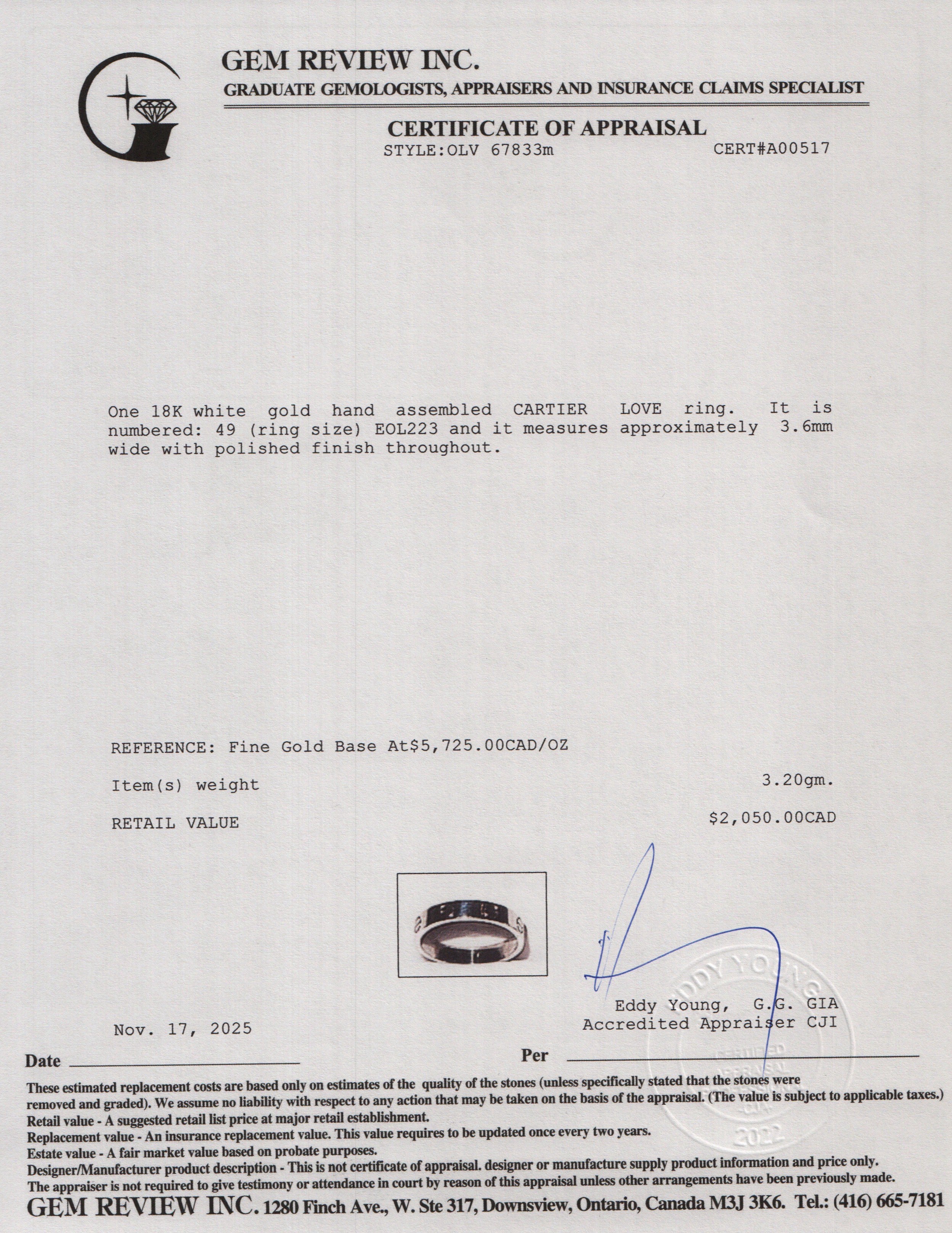 Cartier 18k White Gold 3.6 MM Love Wedding Band Ring, Size 49 5 w/ Box