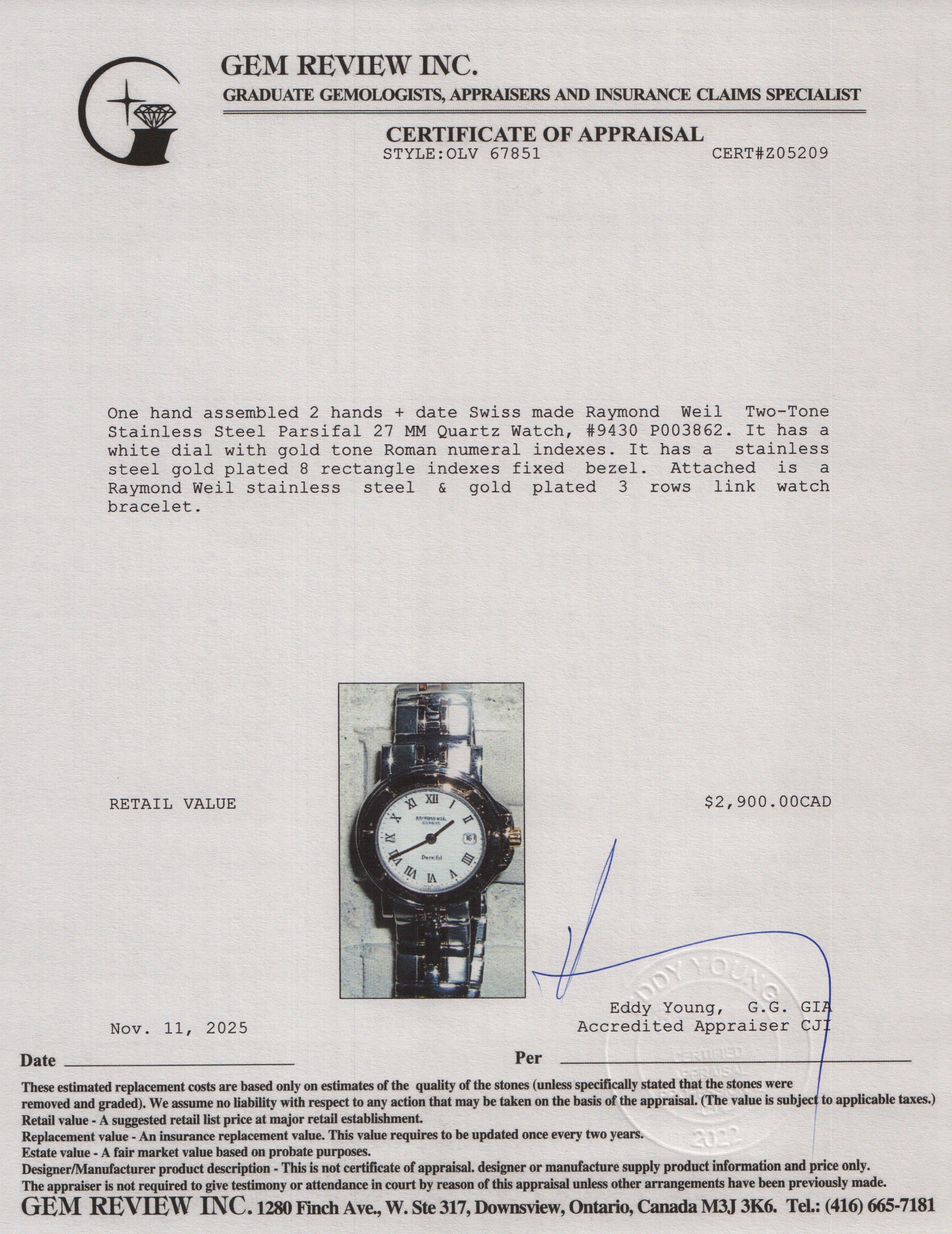 Raymond Weil Two-Tone Stainless Steel Parsifal 27 MM Quartz Watch White Dial 9430