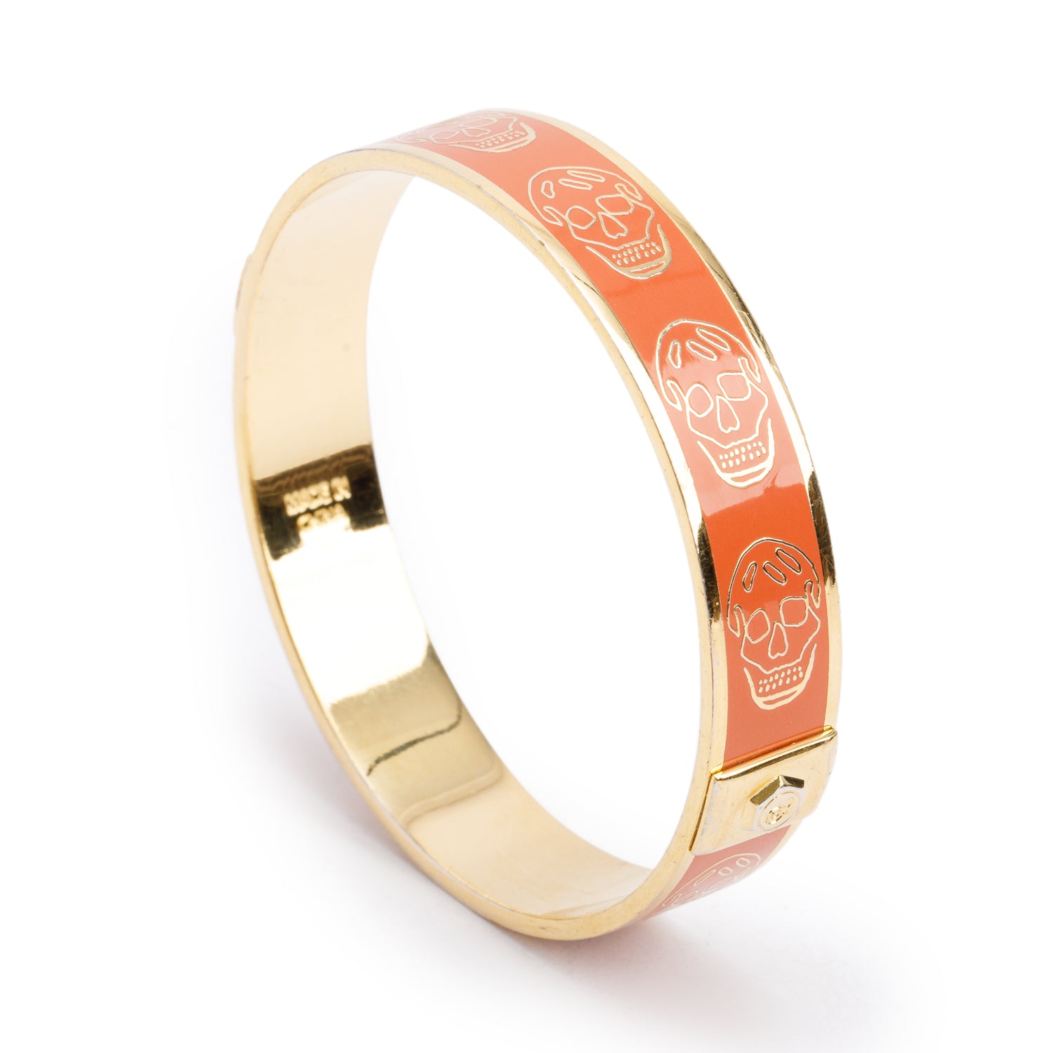 Alexander Mcqueen Gold Plated Orange Enamel Skull Logo Bangle