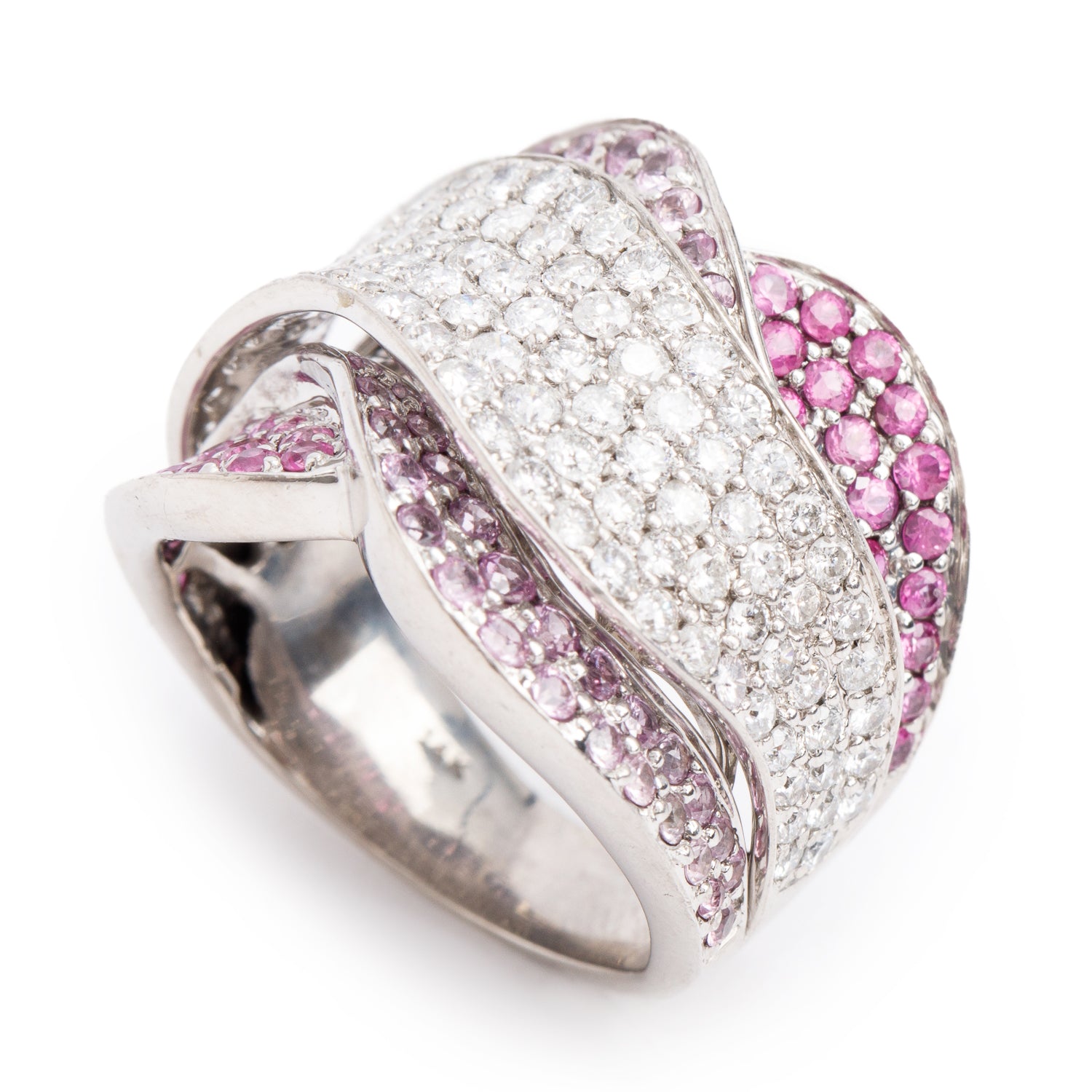 14k White Gold Pink Sapphire & Diamond Cocktail Ring, Size 7.5