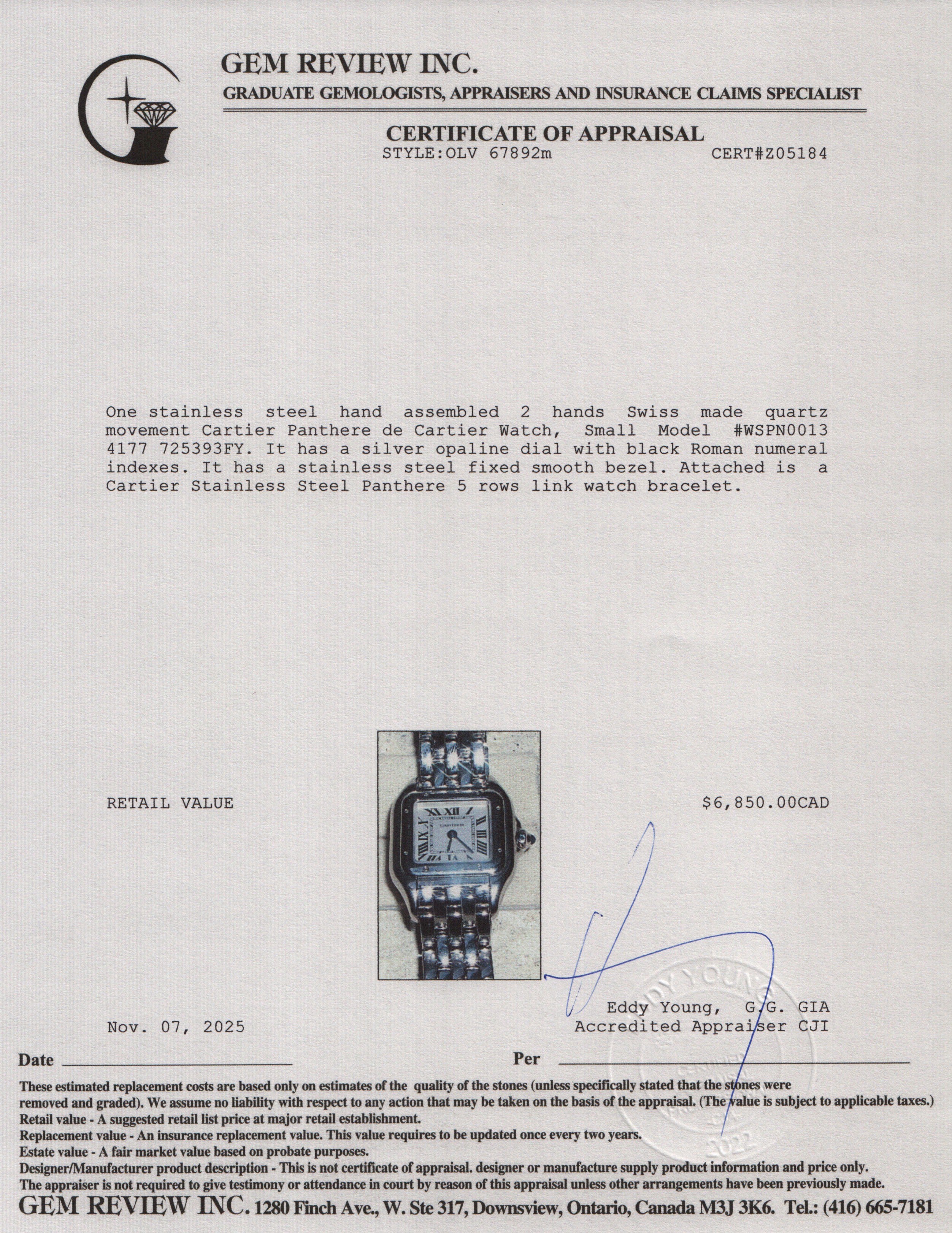 Cartier 2025 Stainless Steel Panthere de Cartier Watch, Small Model 4177 w/ Box & Papers