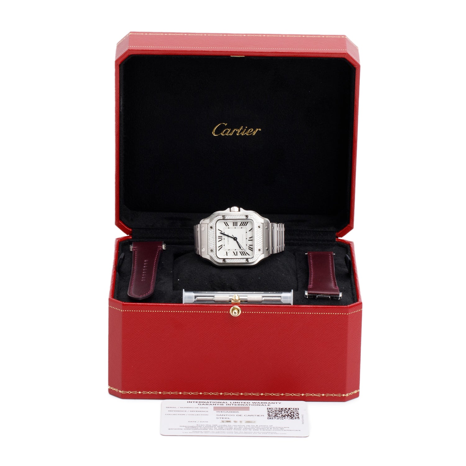 Cartier 2022 Stainless Steel Diamond Bezel Santos de Cartier Automatic Watch, Medium Model 4075 w/ Box, Papers & Extra Leather Strap