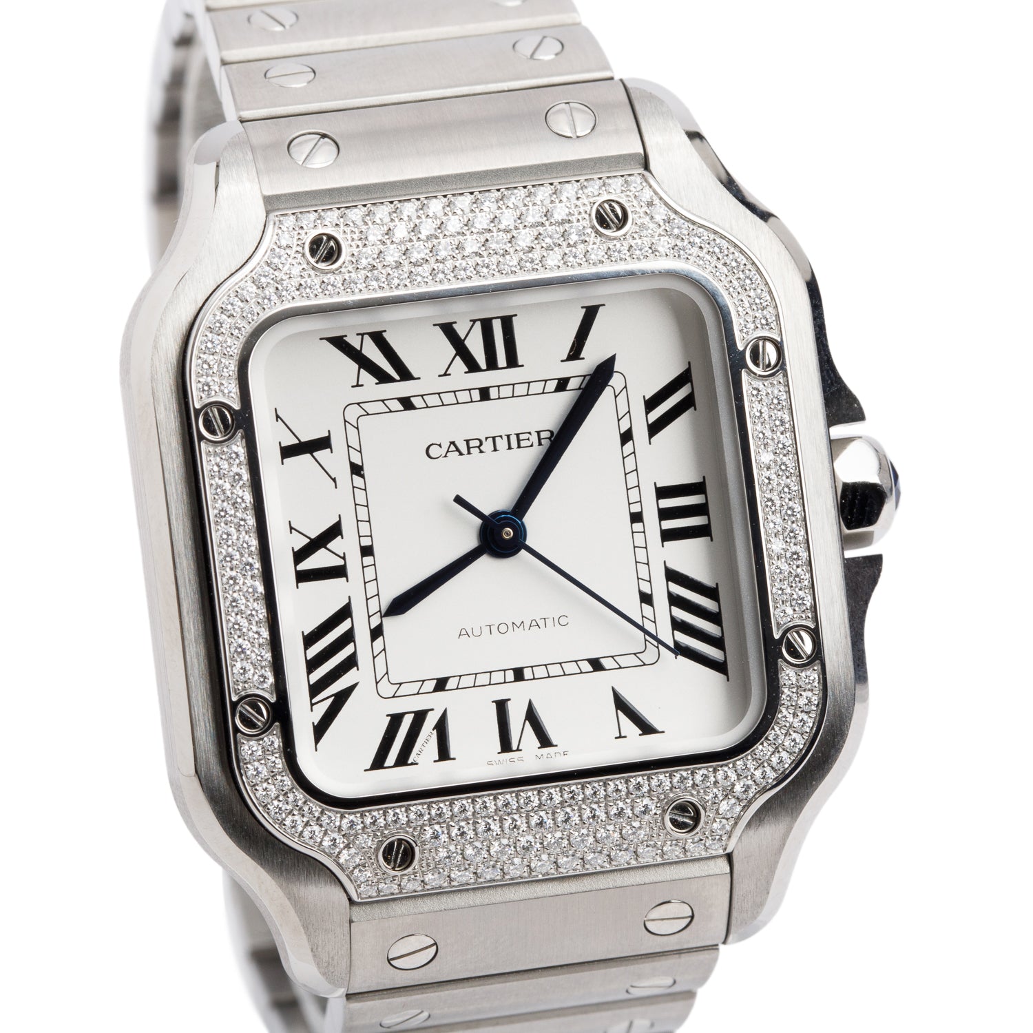 Cartier 2022 Stainless Steel Diamond Bezel Santos de Cartier Automatic Watch, Medium Model 4075 w/ Box, Papers & Extra Leather Strap
