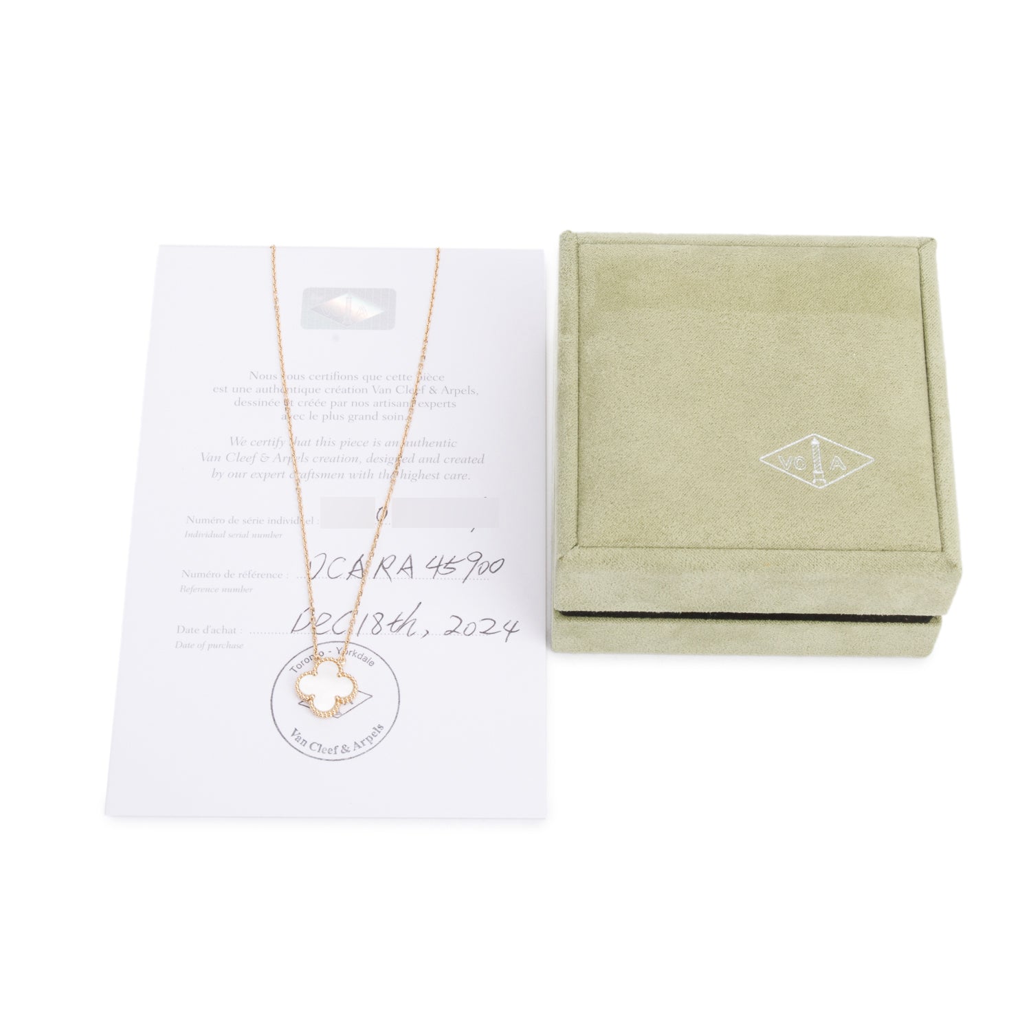 Van Cleef & Arpels 2024 18k Yellow Gold Vintage Alhambra Mother of Pearl Pendant Necklace w/ Box & Certificate