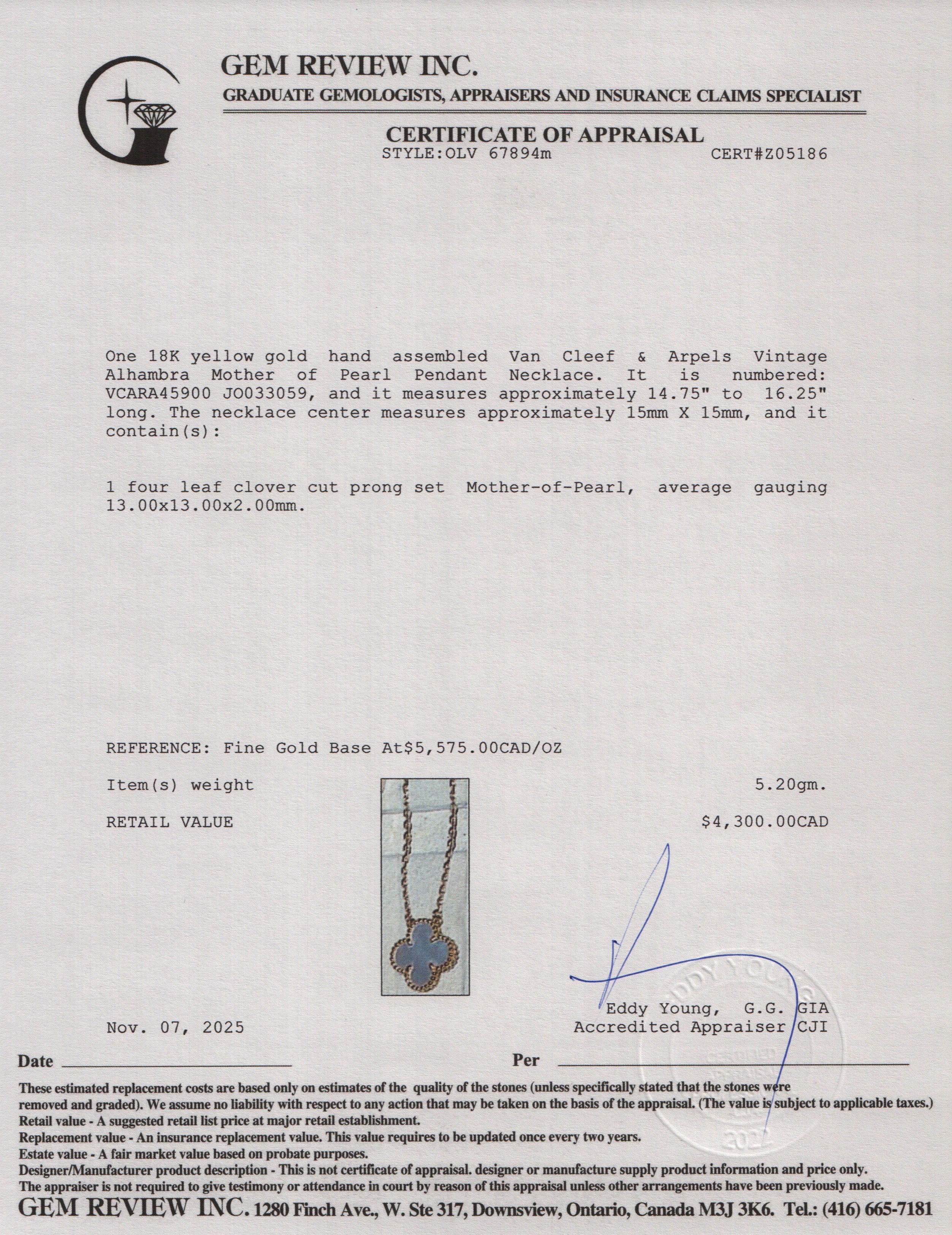 Van Cleef & Arpels 2024 18k Yellow Gold Vintage Alhambra Mother of Pearl Pendant Necklace w/ Box & Certificate