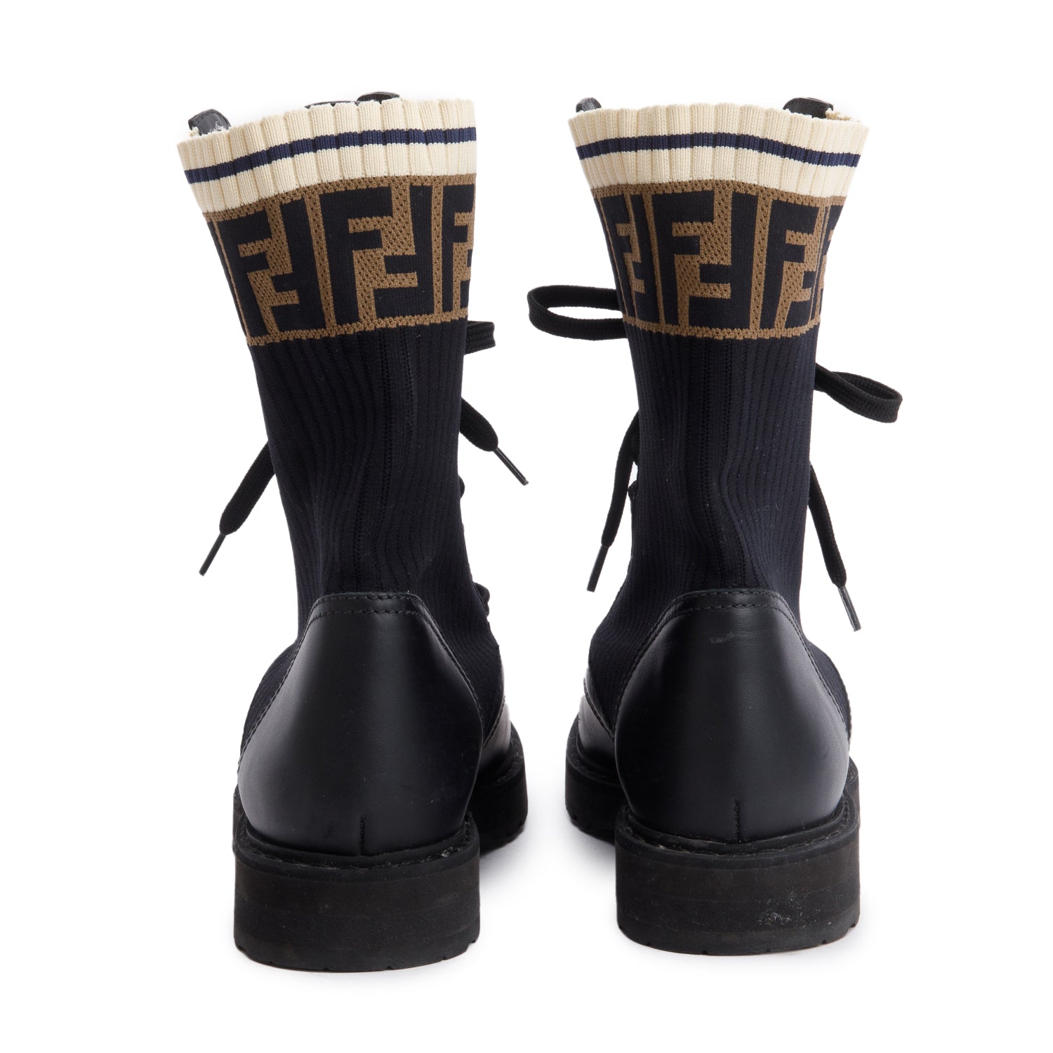 Fendi Black Leather FF Stretch Fabric Rockoko Biker Boots, Size 37