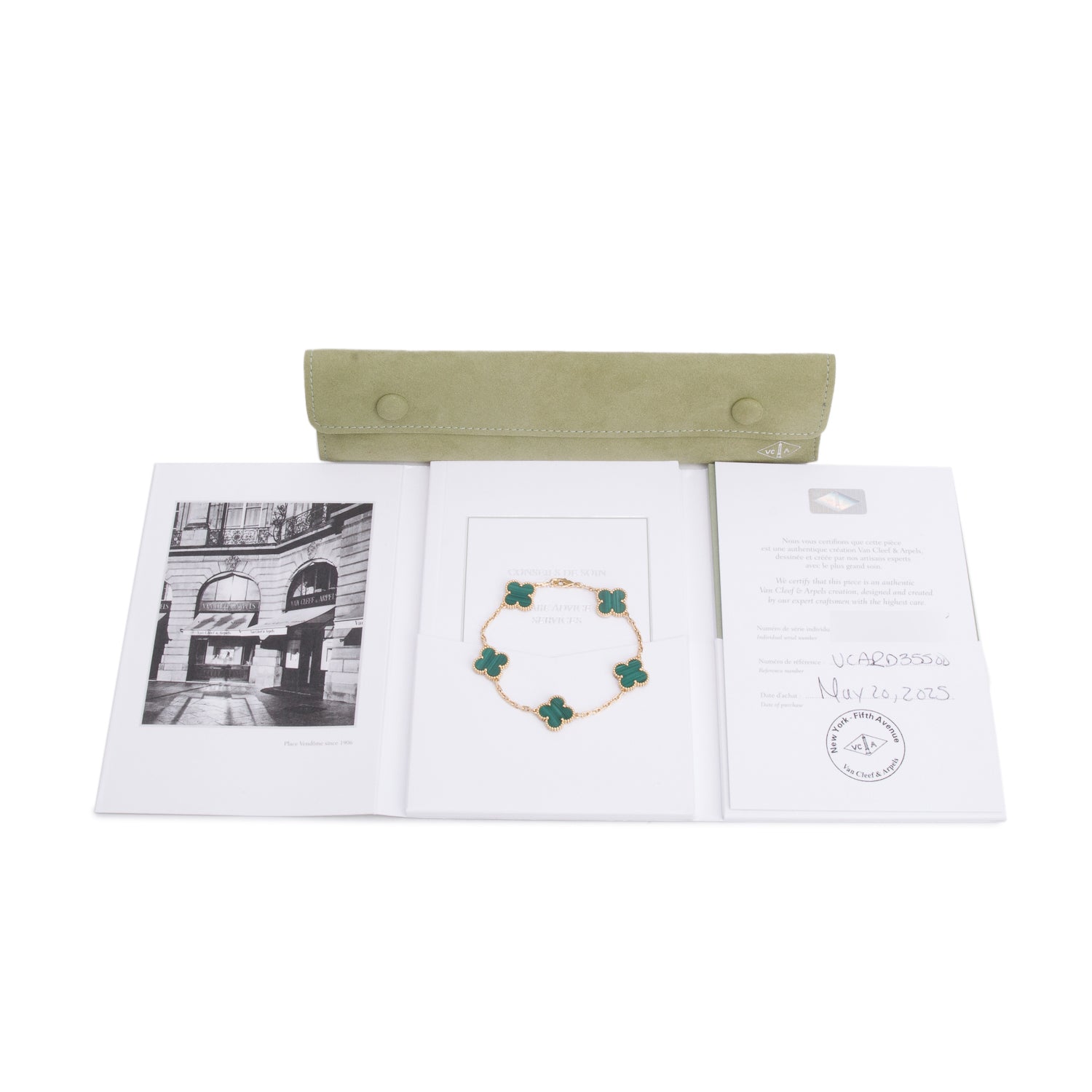 Van Cleef & Arpels 2020 18k Yellow Gold Vintage 5 Motif Malachite Bracelet w/ Box & Certificate