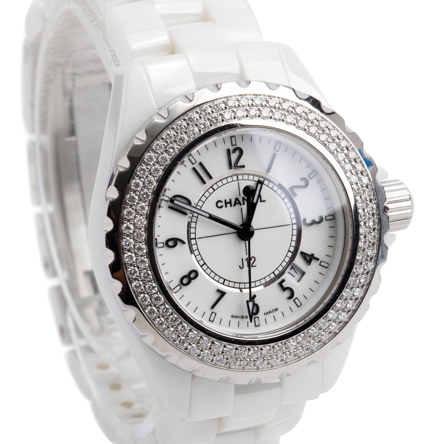 Chanel White Ceramic Diamond Bezel 33 MM J12 Quartz Watch White Dial H0967