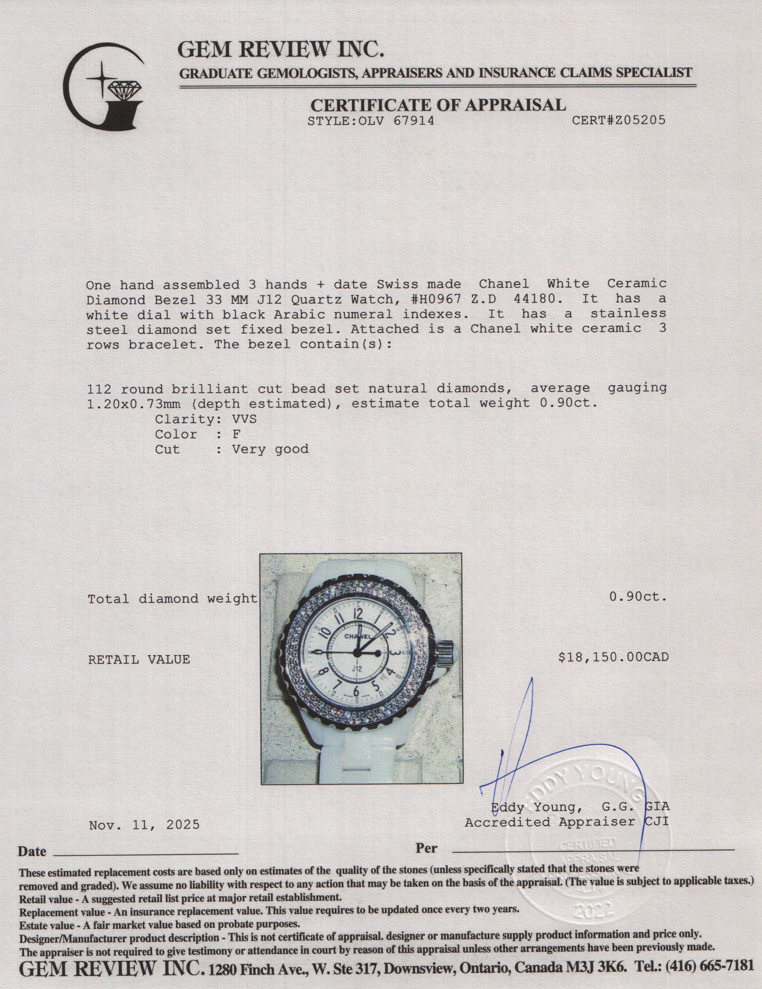 Chanel White Ceramic Diamond Bezel 33 MM J12 Quartz Watch White Dial H0967