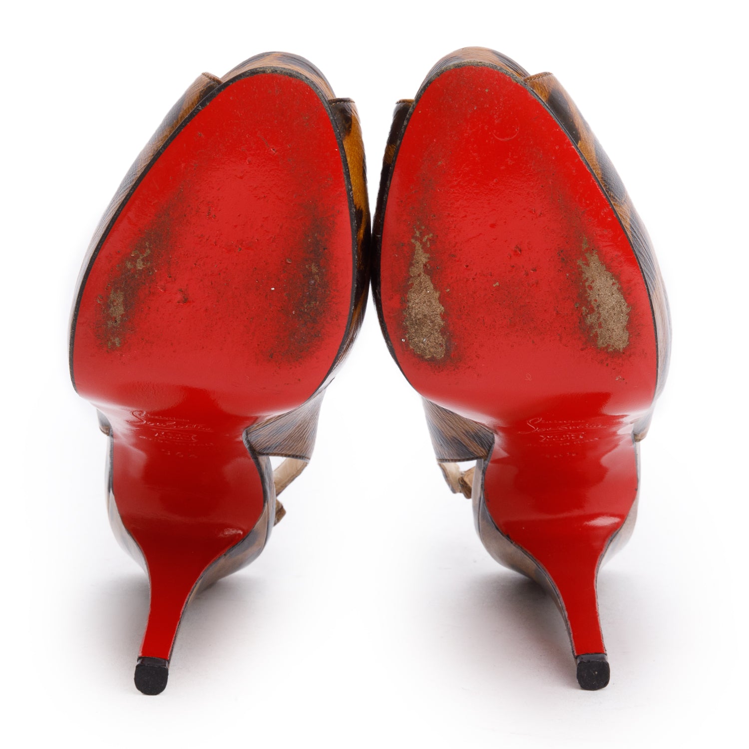 Christian Louboutin Brown Leopard Print Leather Peep Toe Slingback Pumps, Size 36.5