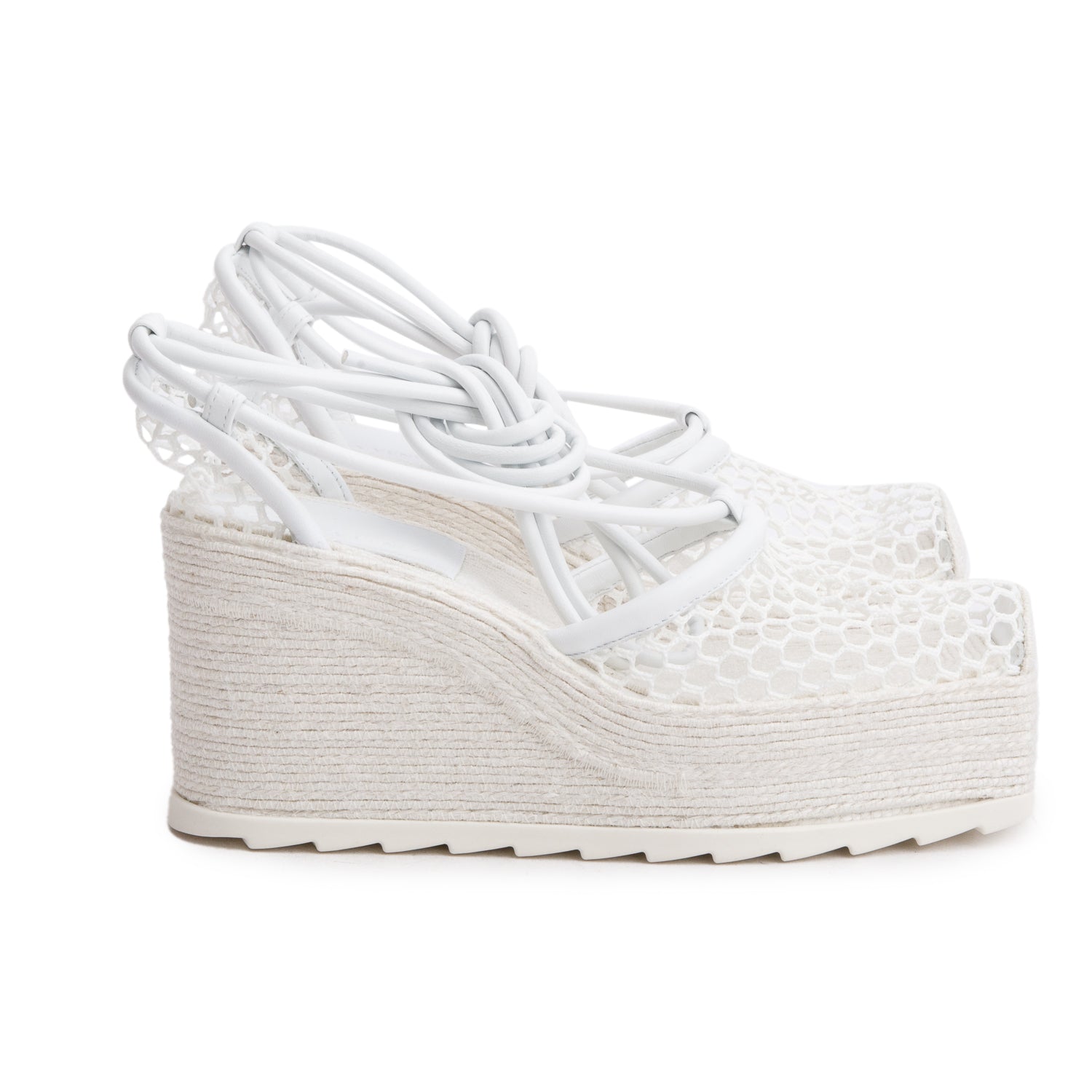 Bottega Veneta White Mesh Lambskin Sporty Web Stretch Ankle Tie Espadrilles, Size 36
