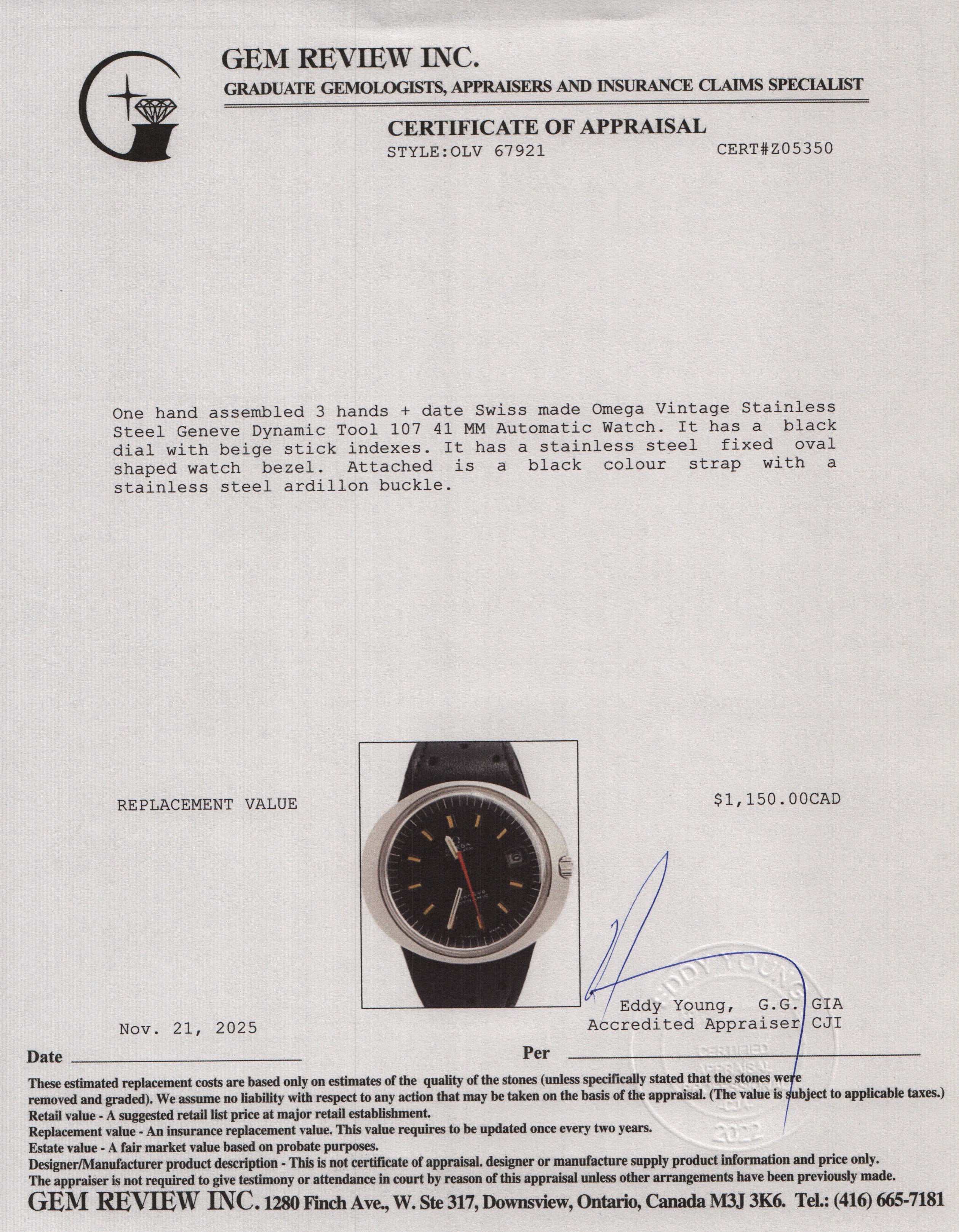 Omega Vintage Stainless Steel Geneve Dynamic Tool 107 41 MM Automatic Watch Black Dial