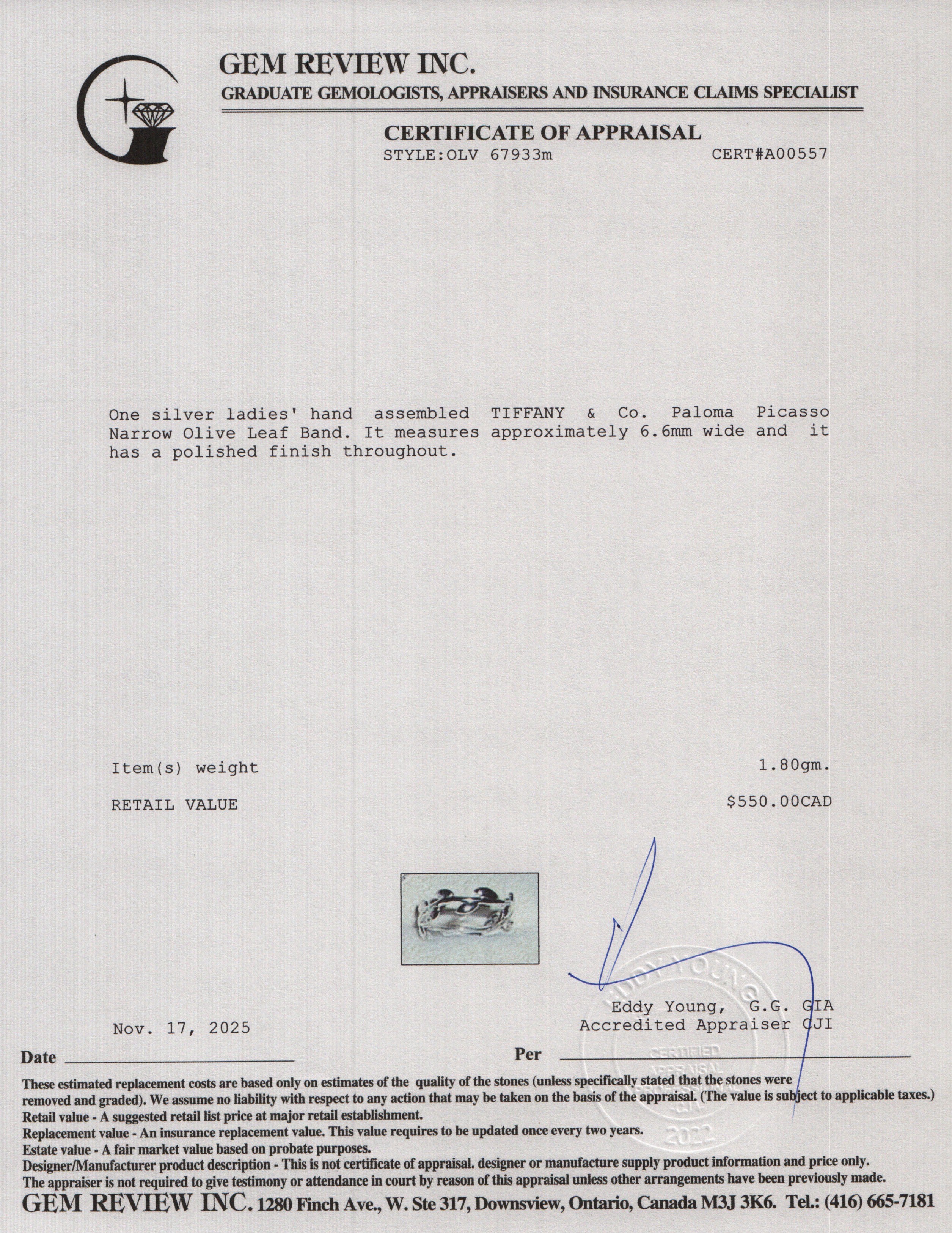 Tiffany & Co. Paloma Picasso Sterling Silver Narrow Olive Leaf Band Ring, Size 7