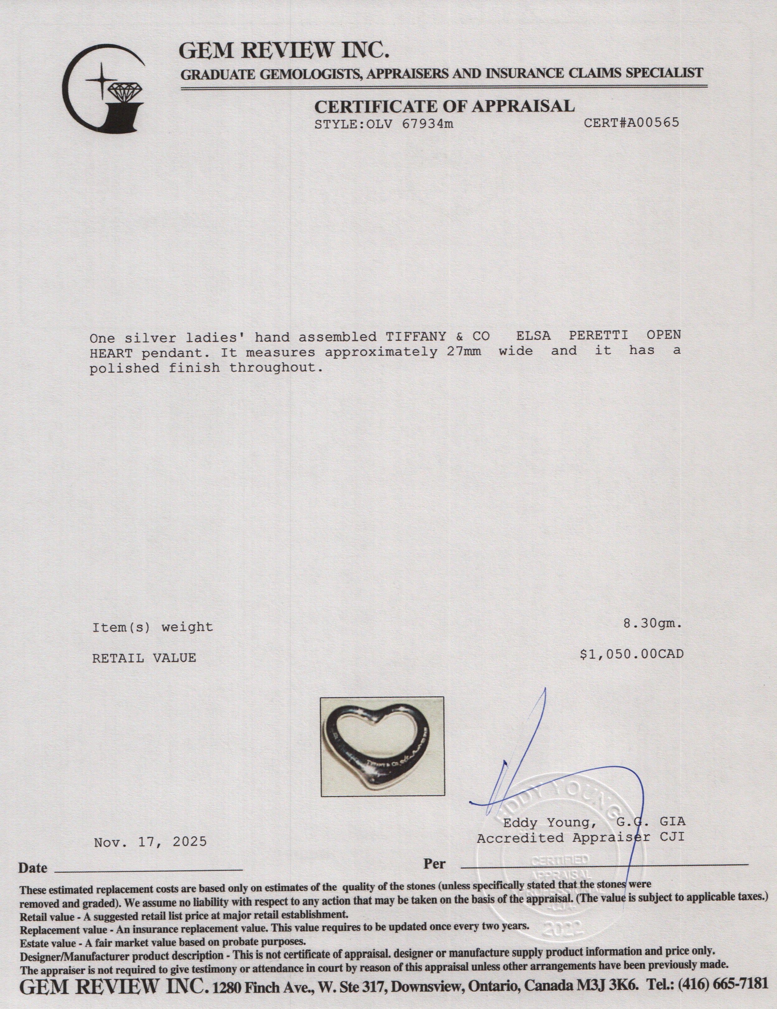 Tiffany & Co. Elsa Peretti Large 27 MM Open Heart Pendant