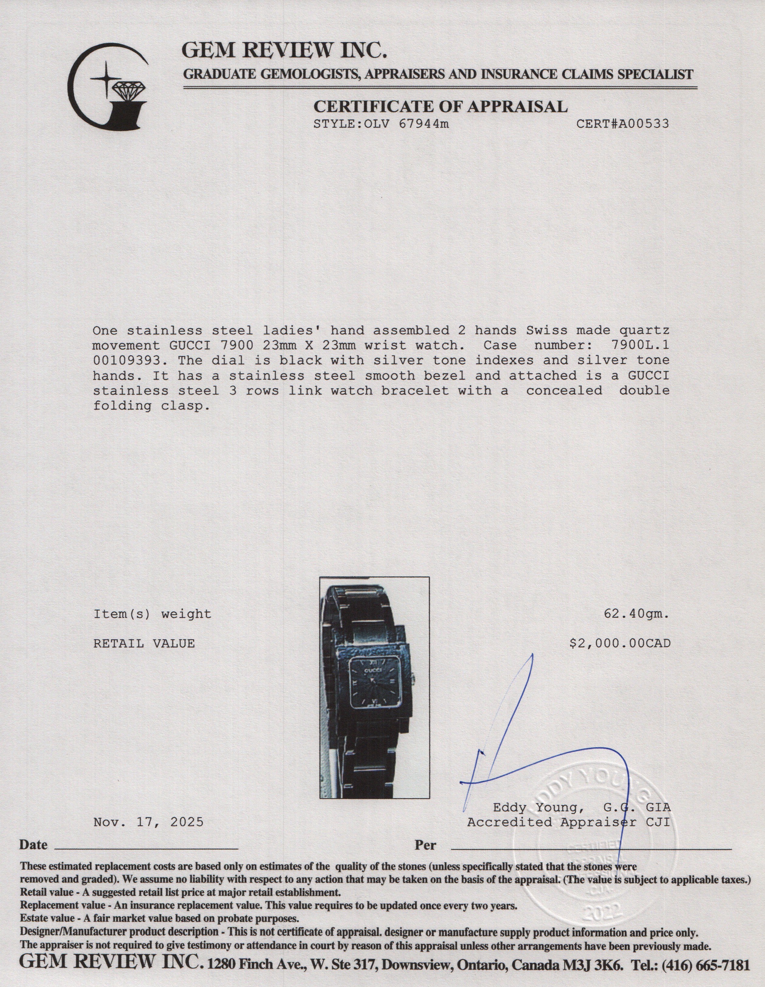 Gucci Stainless Steel 7900 Series Watch Black Dial