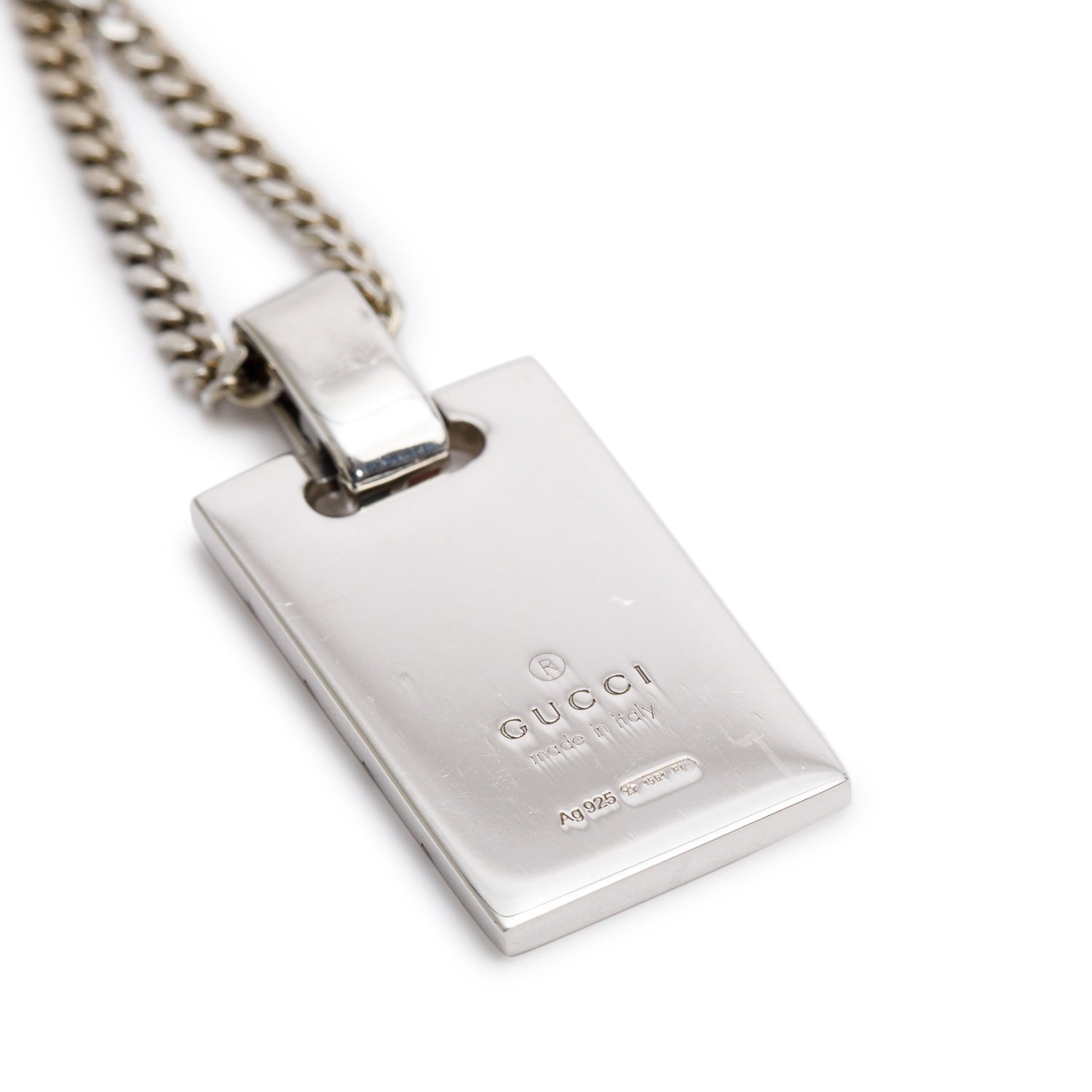 Gucci Blackened Sterling Silver & Enamel Diamantissima Dog Tag Pendant Necklace