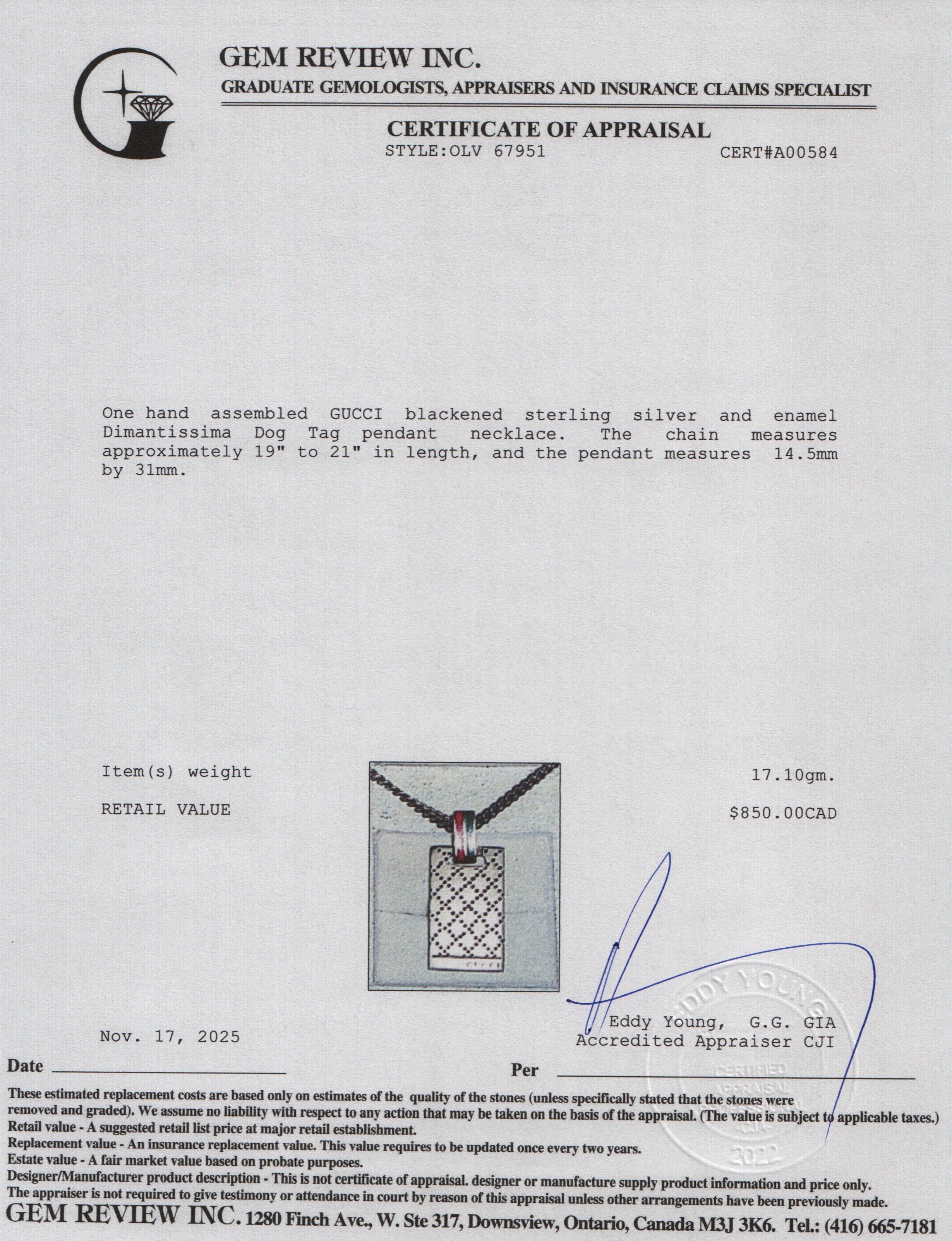 Gucci Blackened Sterling Silver & Enamel Diamantissima Dog Tag Pendant Necklace