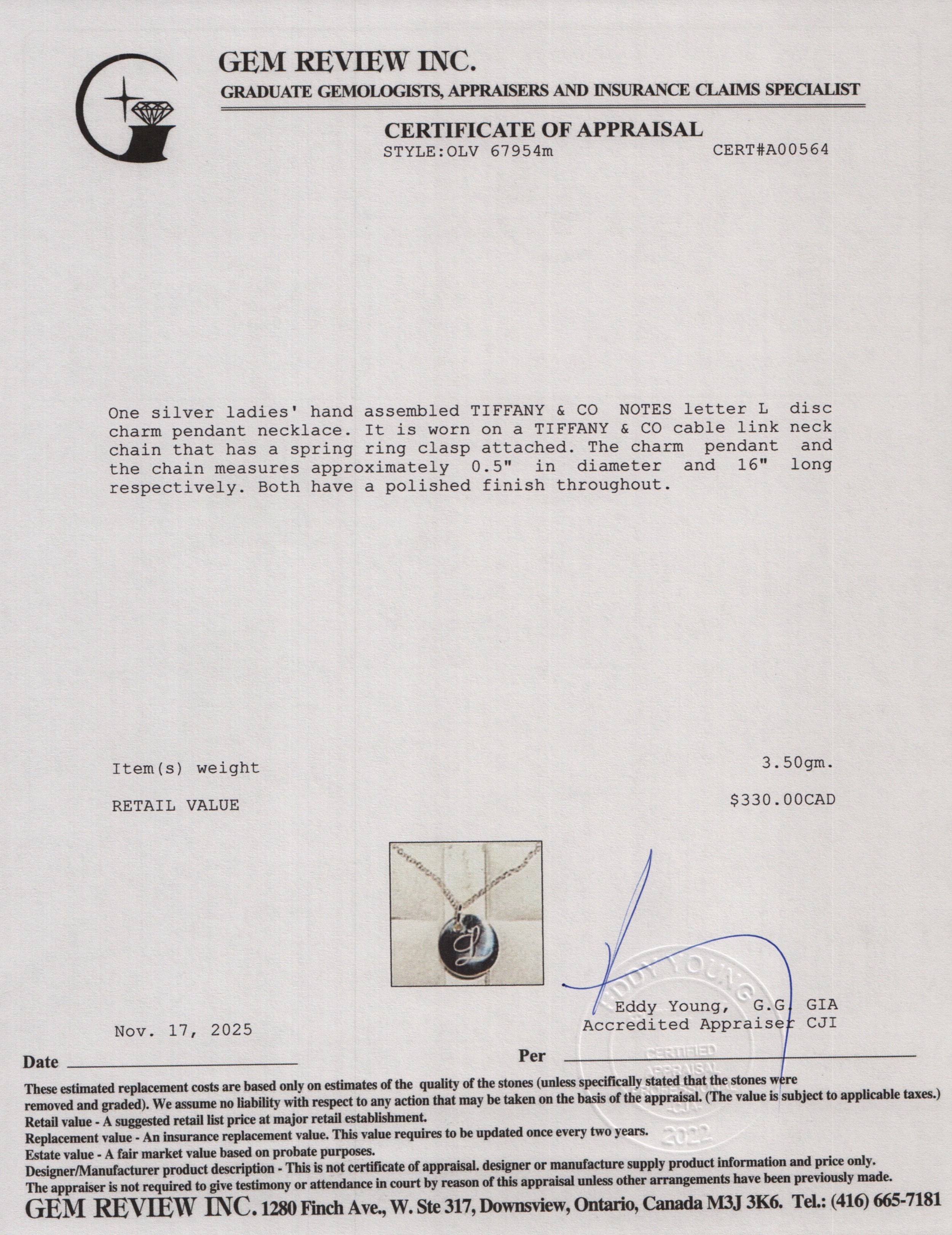 Tiffany & Co. Sterling Silver Notes Letter 'L' Disc Charm Pendant Necklace