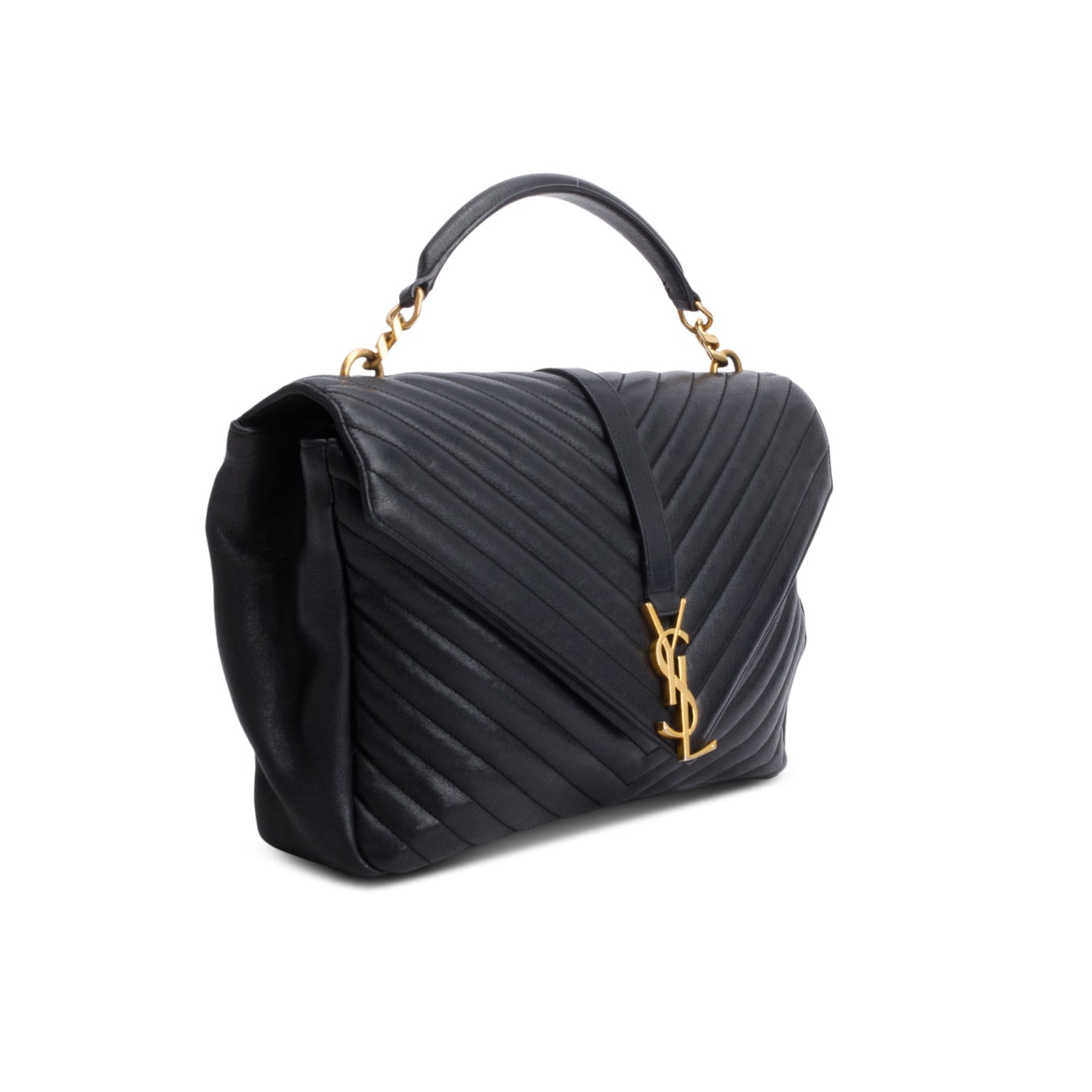 Saint Laurent Black Leather Large Chevron College Bag w/ Strap