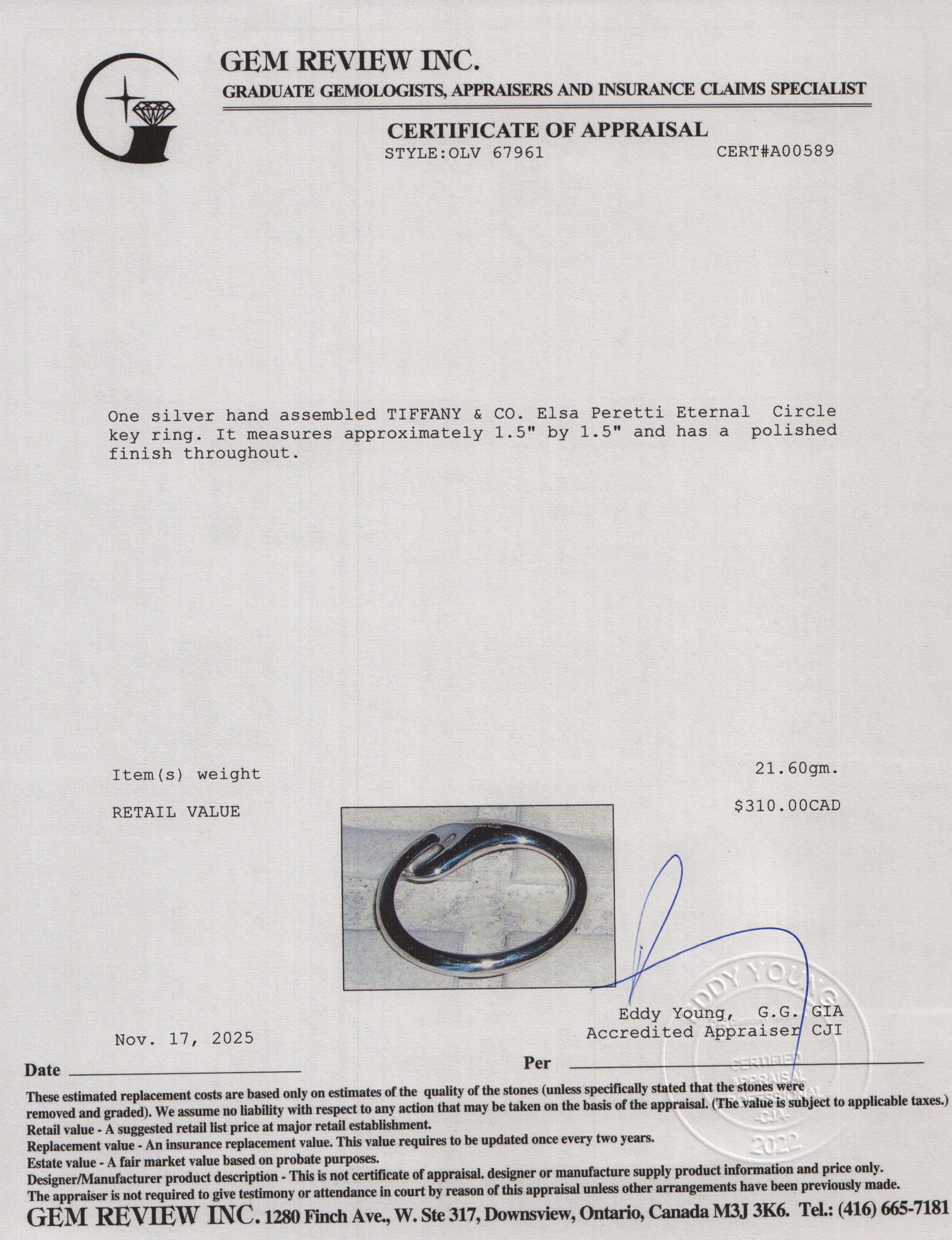 Tiffany & Co. Elsa Peretti Sterling Silver Eternal Circle Key Ring