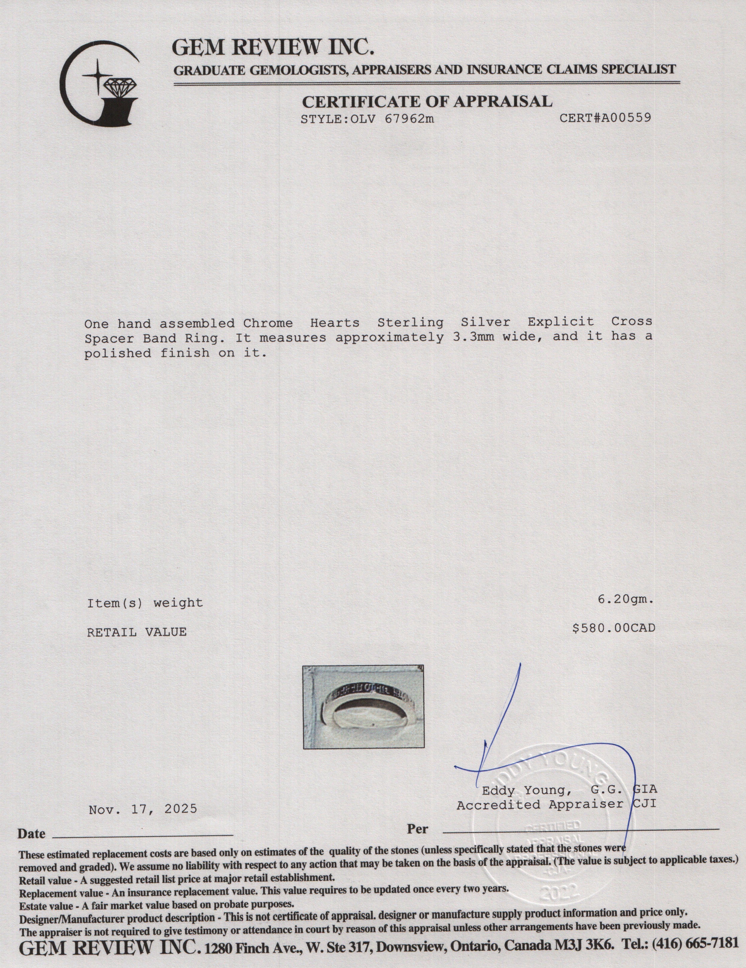 Chrome Hearts Sterling Silver Explicit Cross Spacer Band Ring, Size 8.5