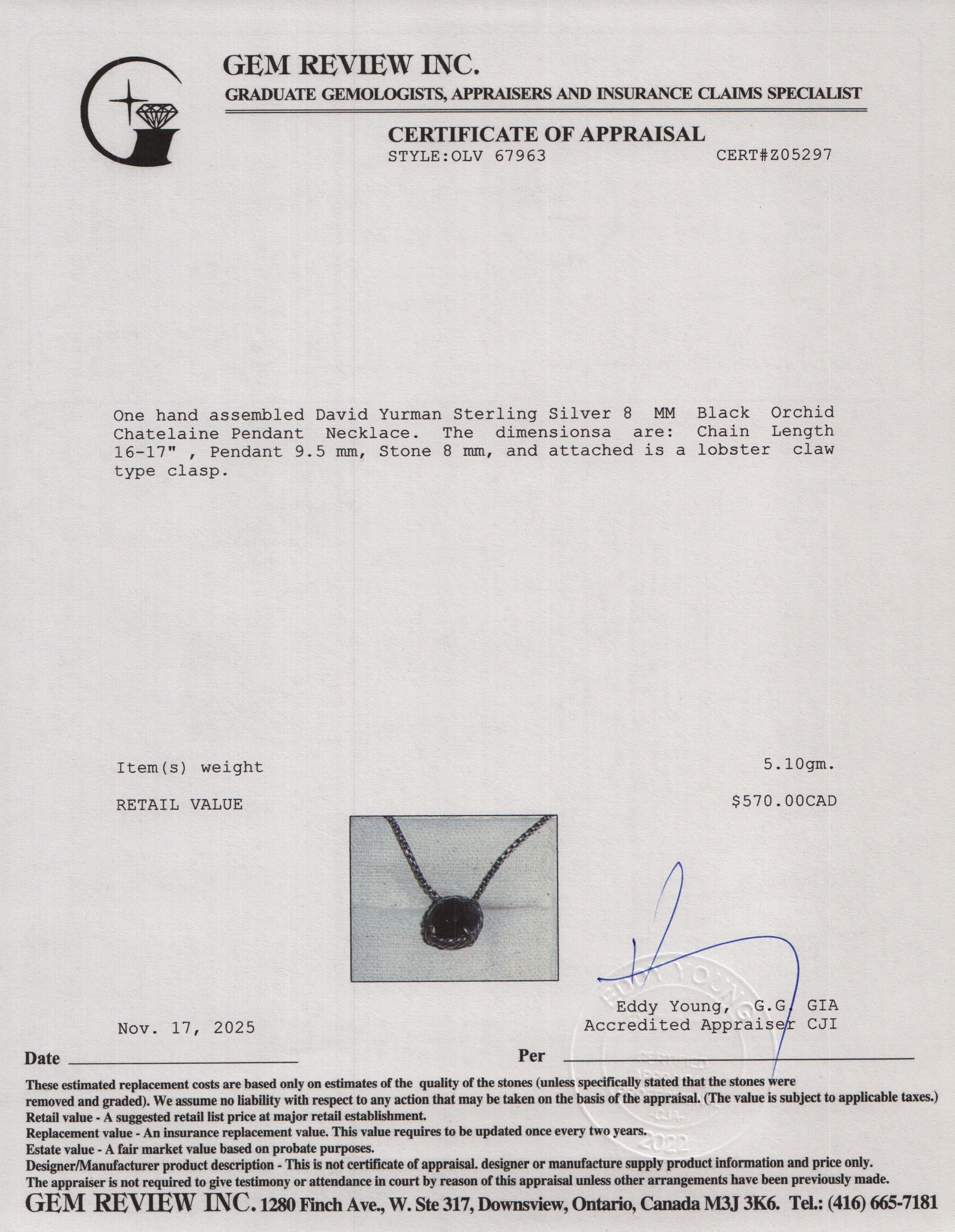 David Yurman Sterling Silver 8 MM Black Orchid Chatelaine Pendant Necklace