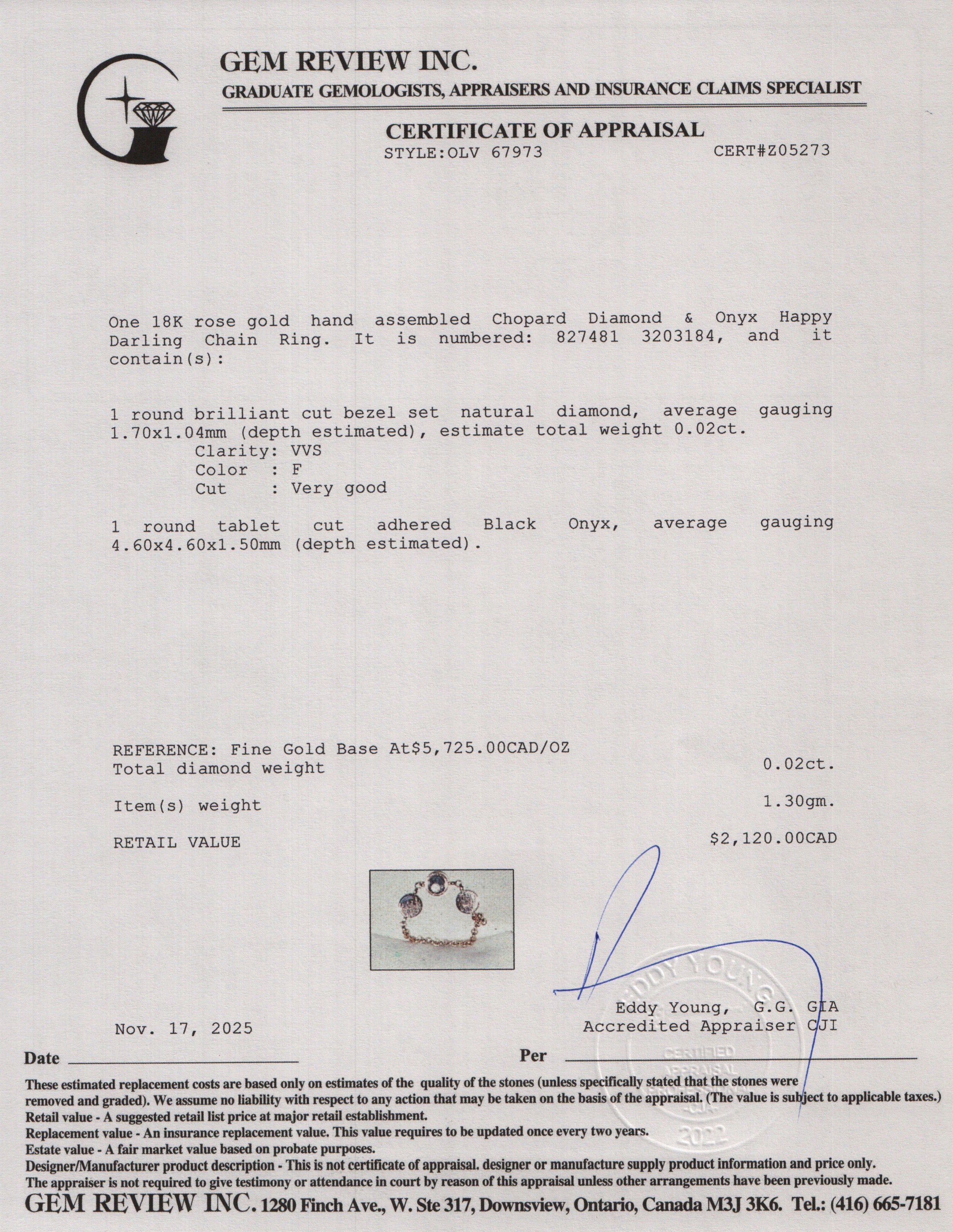 Chopard 18k Rose Gold Diamond & Onyx Happy Darling Chain Ring, Size 4.5