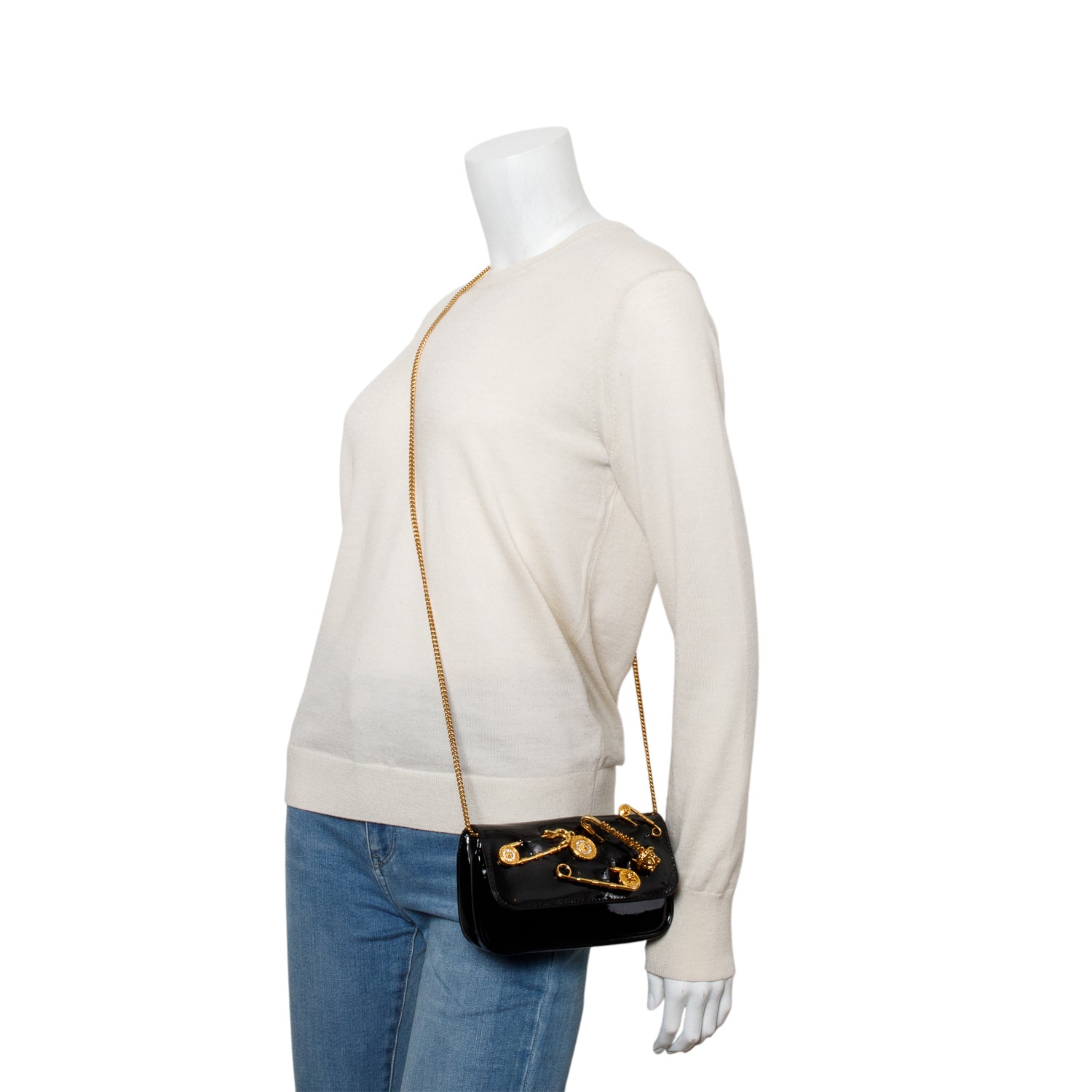 Versace Black Patent Leather Safety Pin Embellished Wallet on Chain